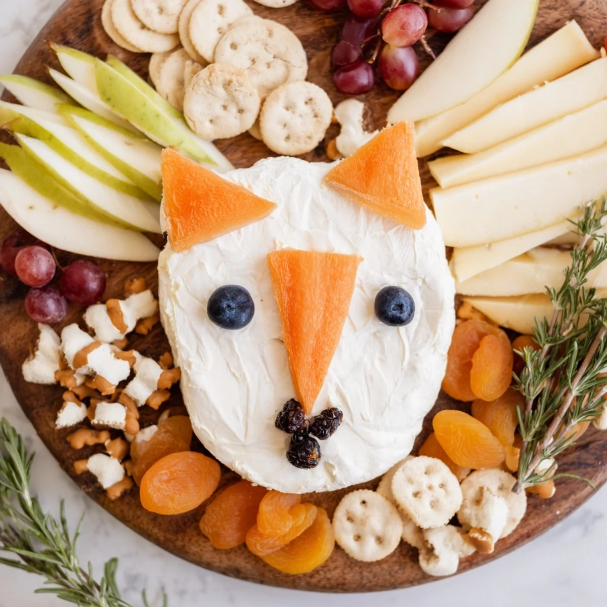 A beautiful Whimsical Fox Fall Treat Board, overflowing with colorful fruits, cheeses, and sweet treats.