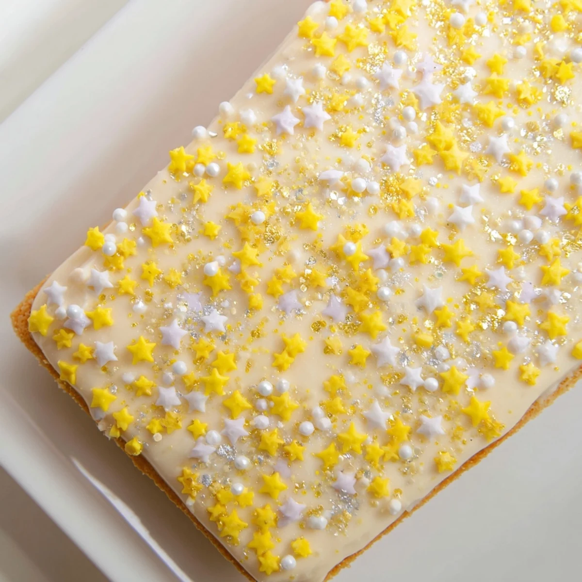 Golden Twinkle Twinkle Star Dessert Bar glistening with vanilla frosting, perfect for any celebration.