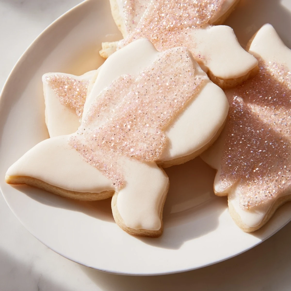 Plated angel wings sugar cookies, iced and sparkling with edible glitter, ready for a party.