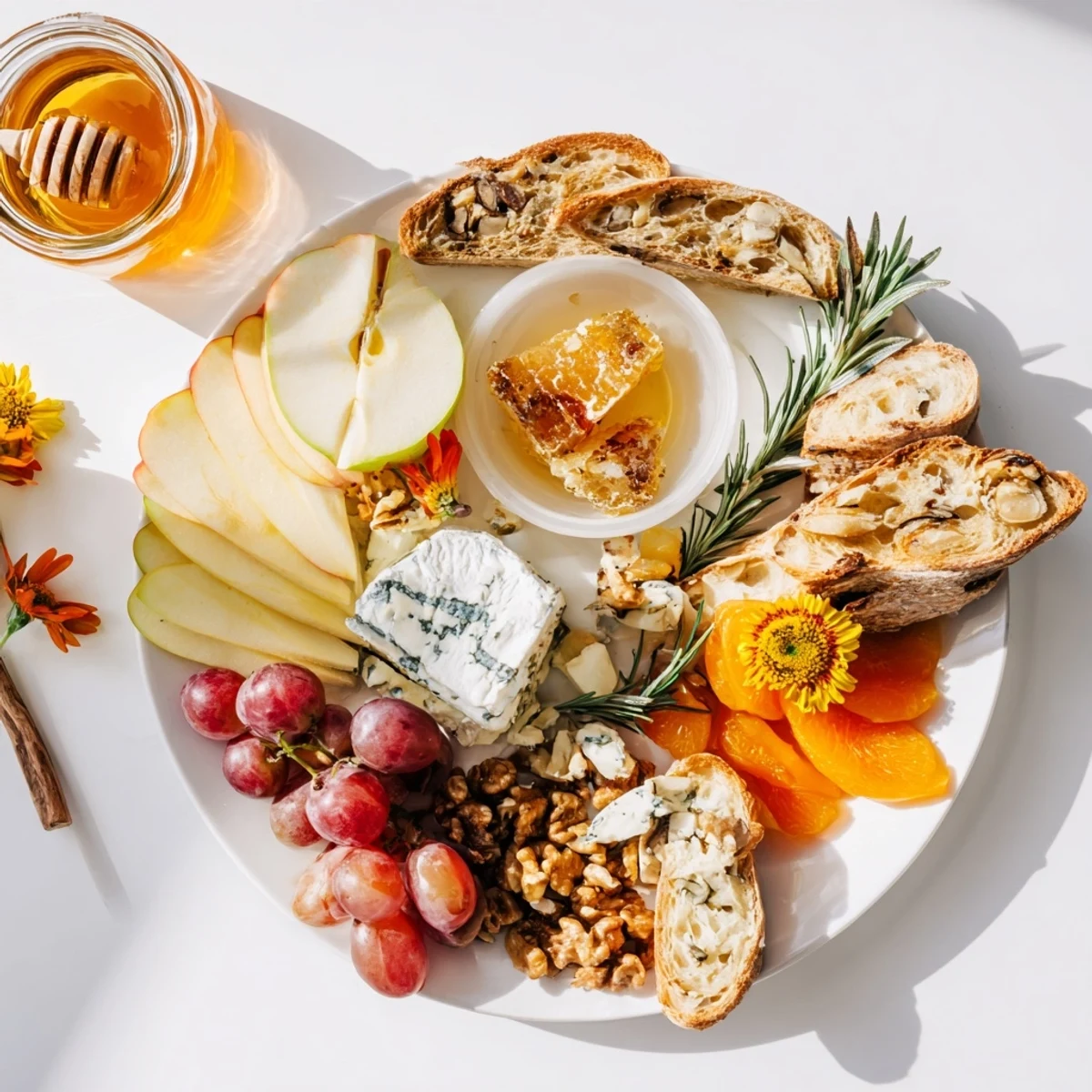 A beautifully arranged Honeycomb, Honey & Cheese Board ready for a delicious appetizer, including Brie.