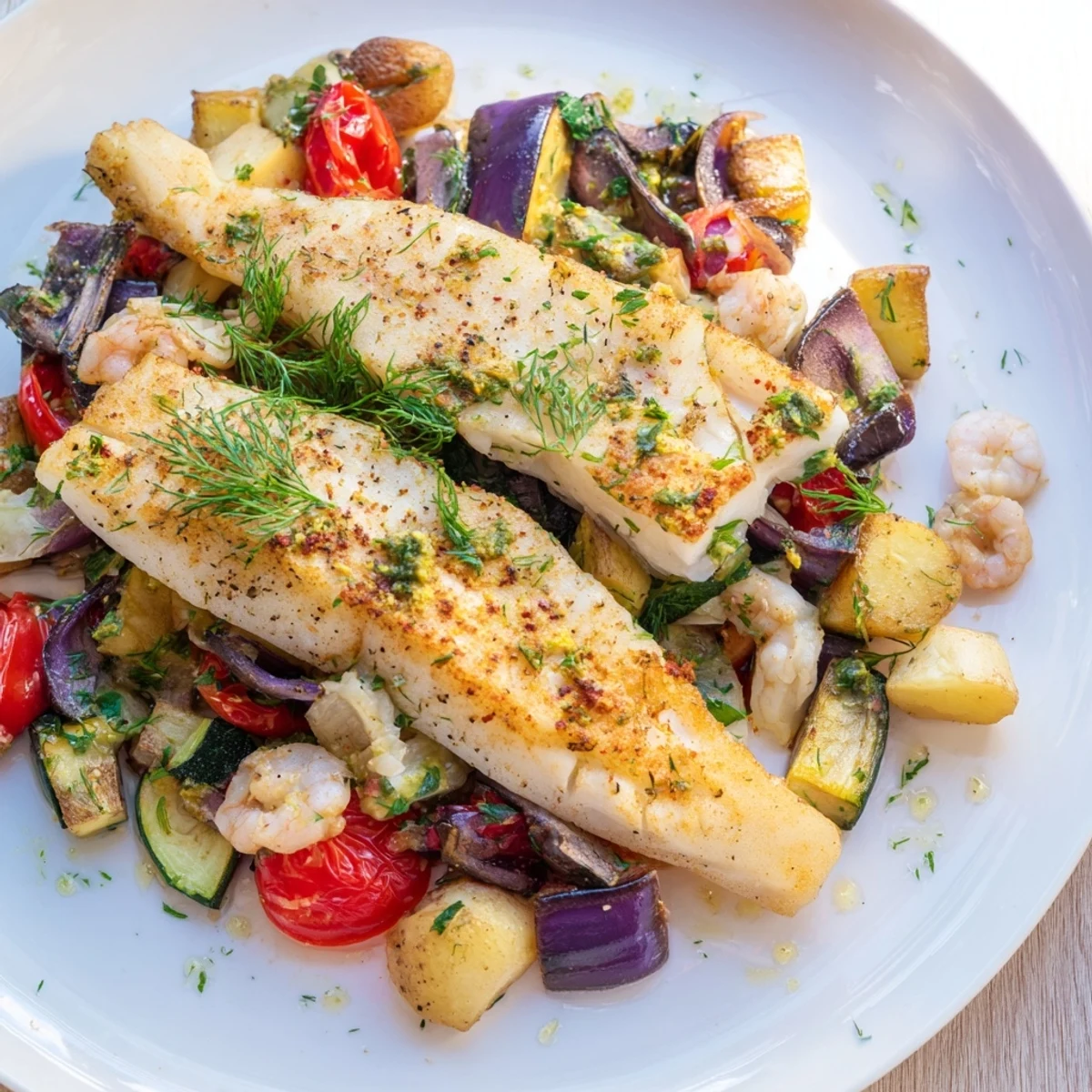 Plongeons dans lOcéan Poisson Bleu: a beautifully plated baked blue fish, vibrant with fresh vegetables and herbs.