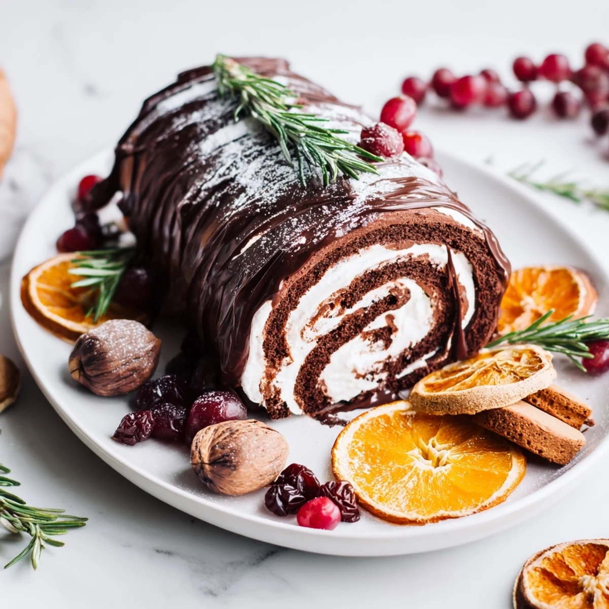 This festive Winter Warmer: Fireplace Log dessert board showcases a chocolate roulade and seasonal treats.