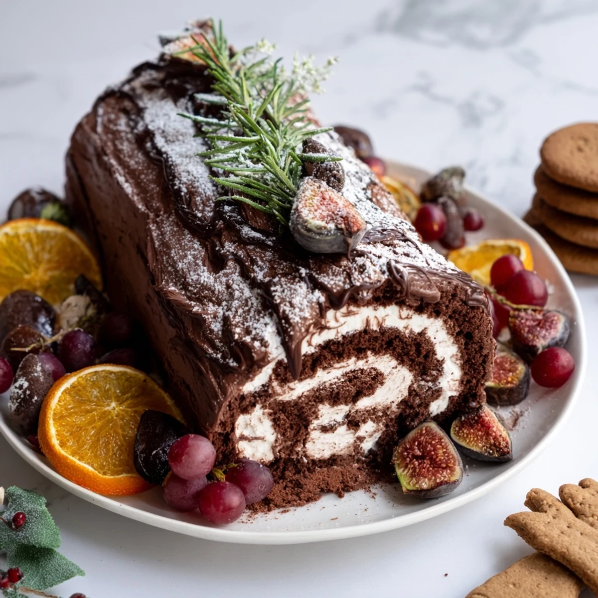 The Winter Warmer: Fireplace Log dessert board presents a chocolate log cake with gingerbread and sugared cranberries.