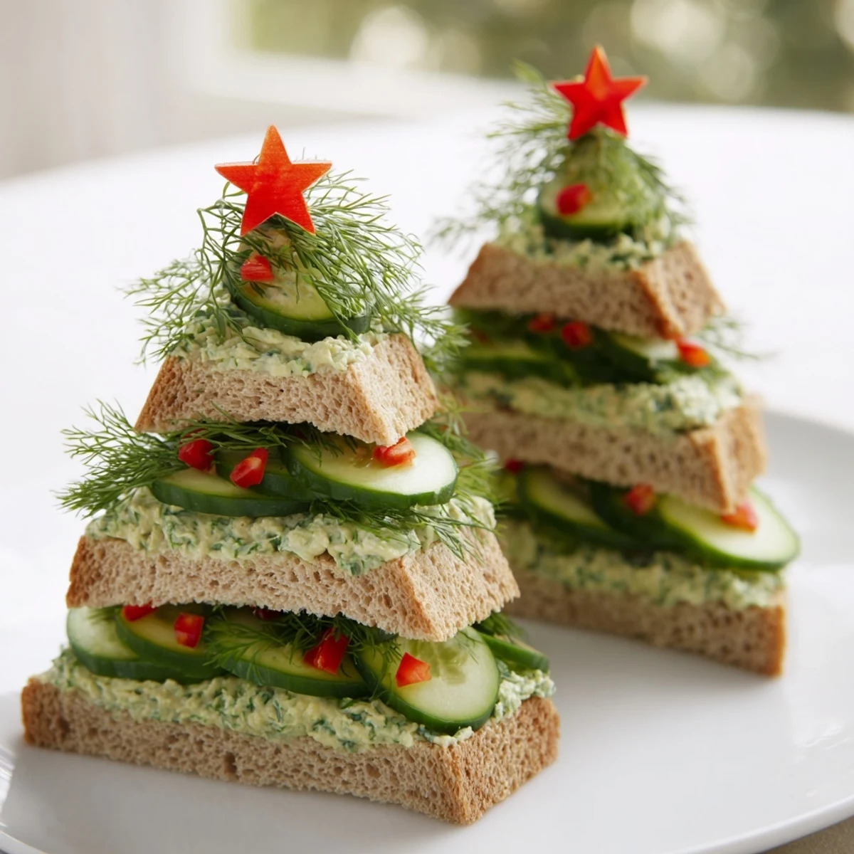Bright green Cucumber and cream cheese tree stacks offer a delightful, refreshing appetizer perfect for sharing.