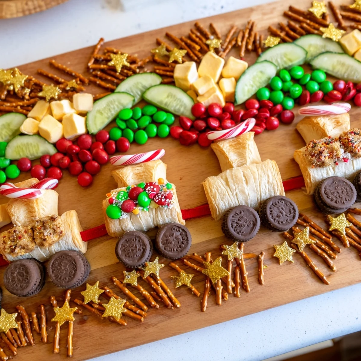 Festive Polar Express Train Treat Board, filled with colorful snacks like marshmallows and pretzels.