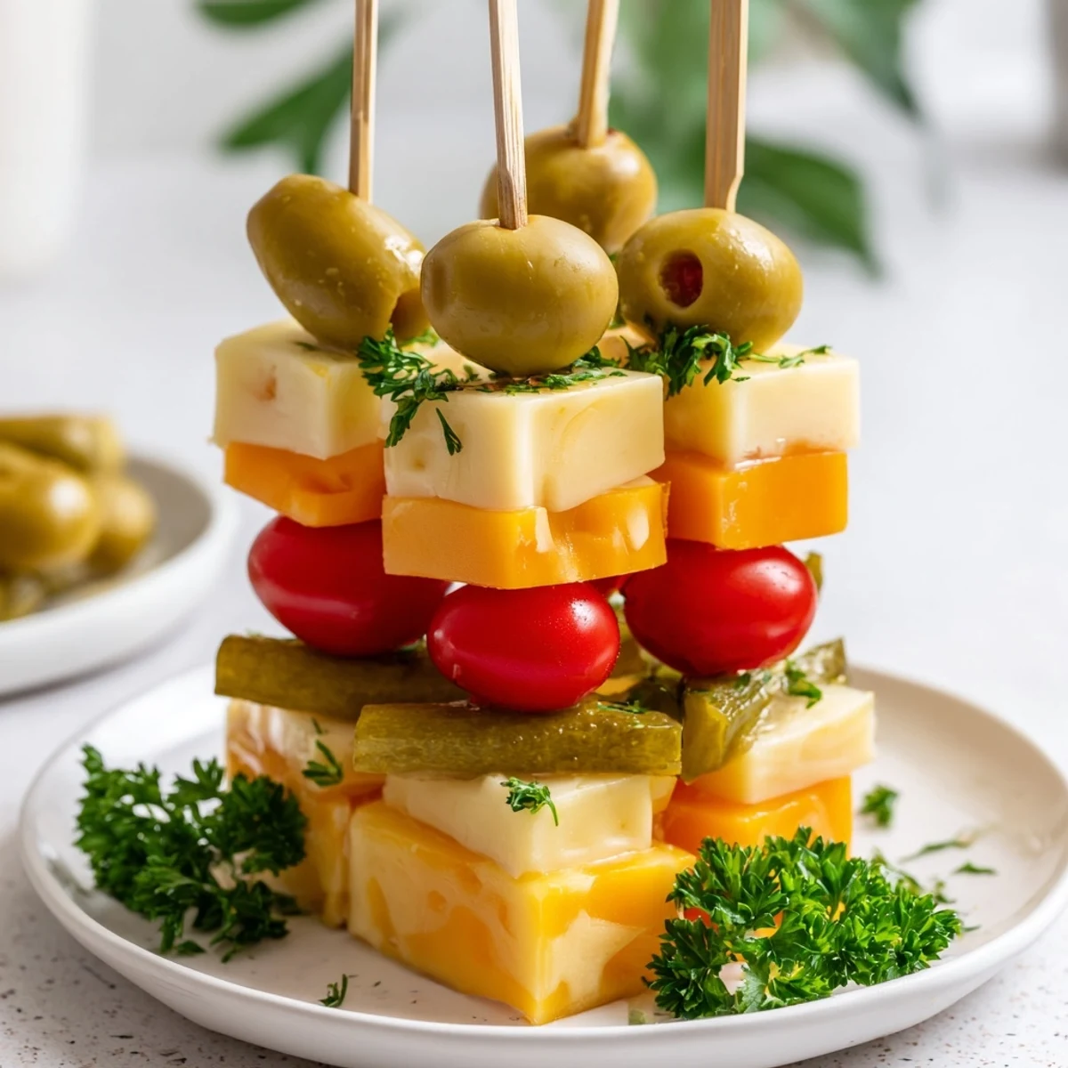 Colorful cubes of cheddar, gouda, and pepper jack form a delicious Festive Cube Cheese Stack appetizer.