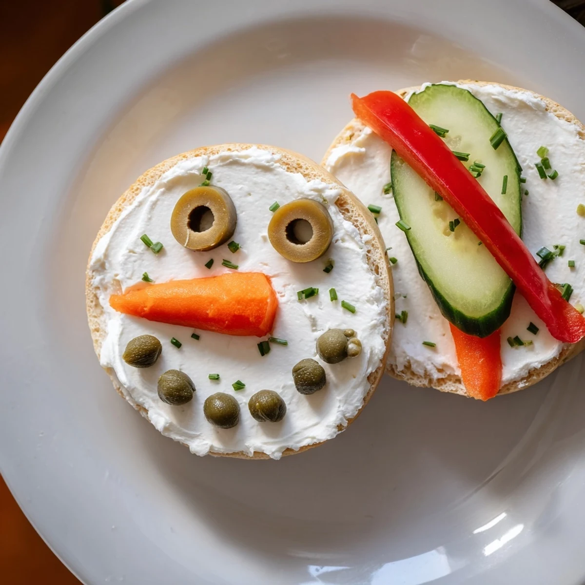 Delicious and fun Snowman Mini Bagel Sandwiches, perfect for a cheerful and healthy holiday meal.