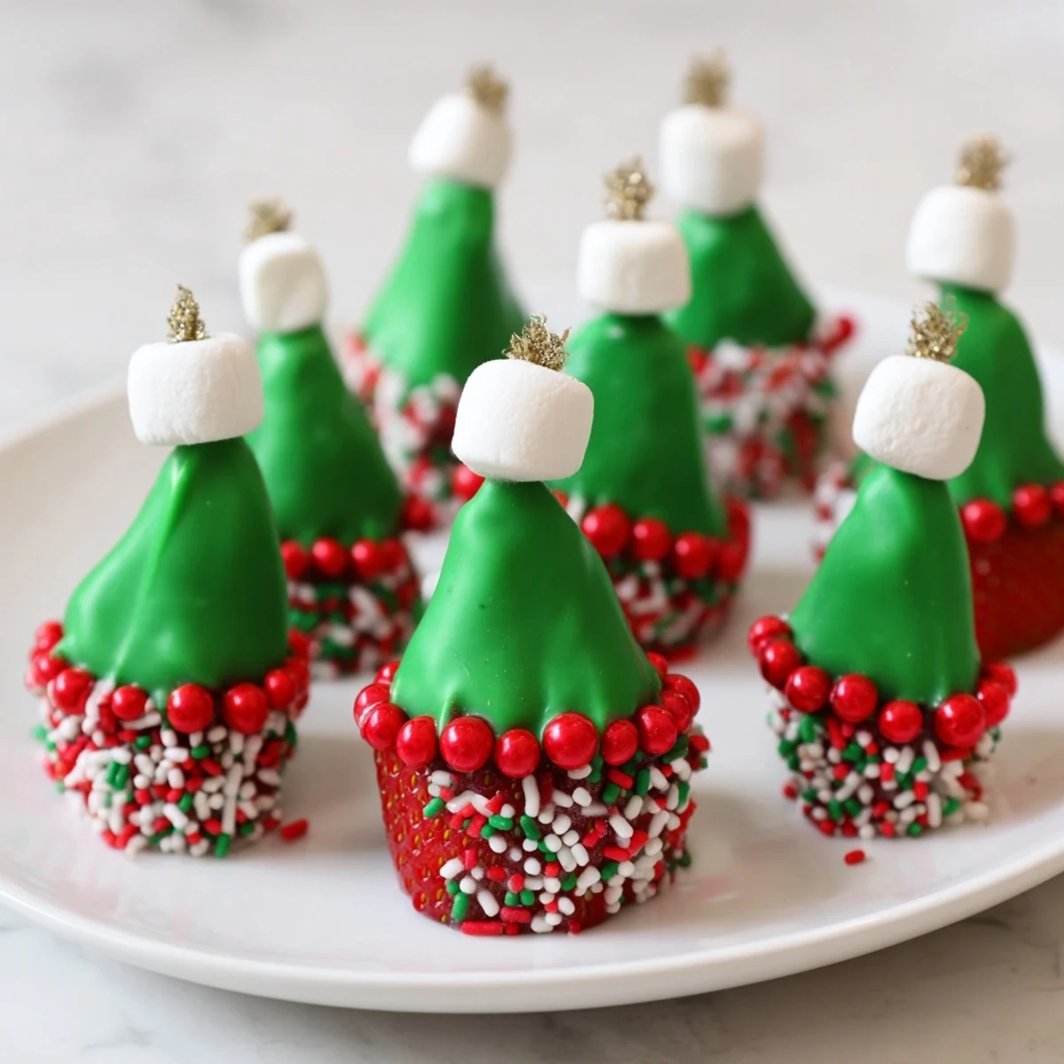 Festive Elf Hat Chocolate Dipped Strawberries, showcasing vibrant green and white detail, perfect for holiday dessert.
