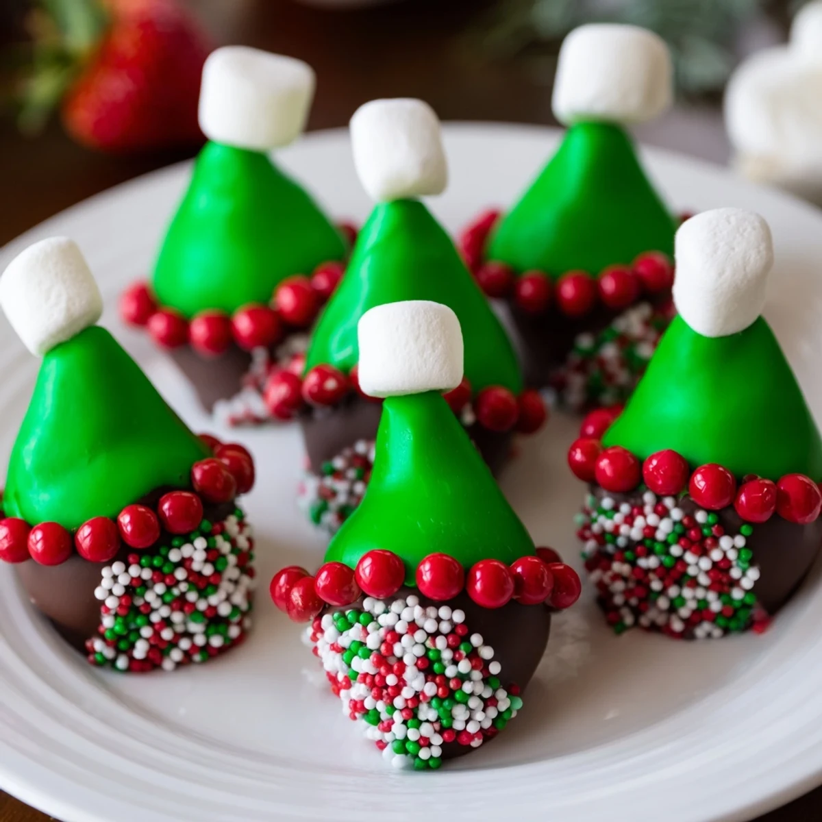 Vivid image: Freshly made Elf Hat Chocolate Dipped Strawberries, a delicious and fun party treat with colorful decorations.
