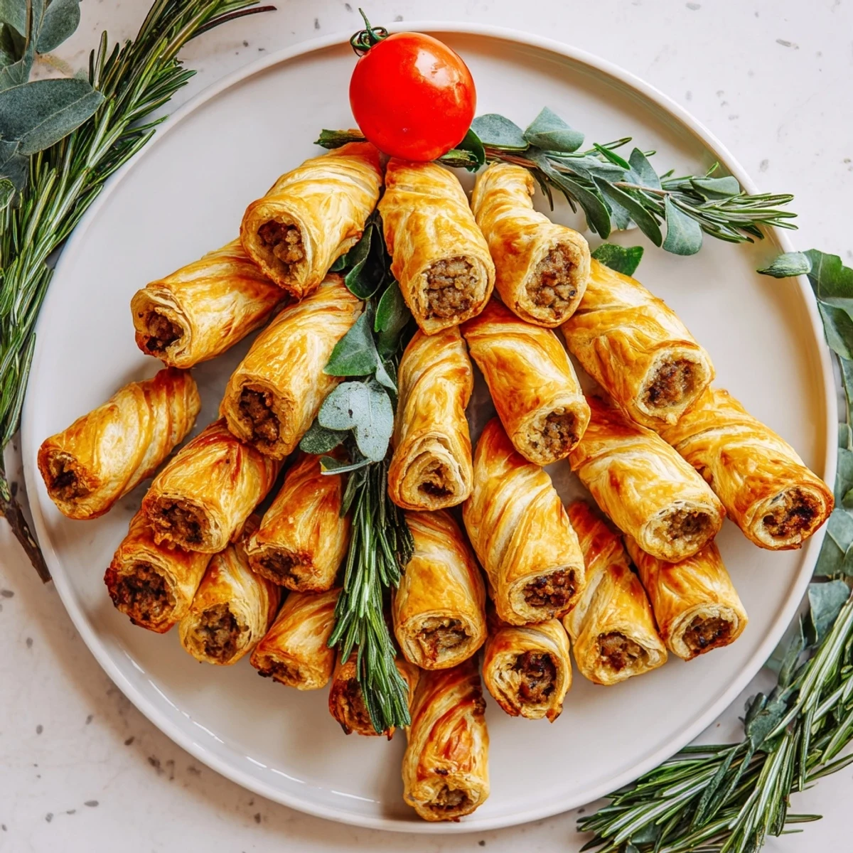 A close-up showcases the egg-glazed Savory Bites: Mini Sausage Roll Christmas Tree, sprinkled with sesame seeds.