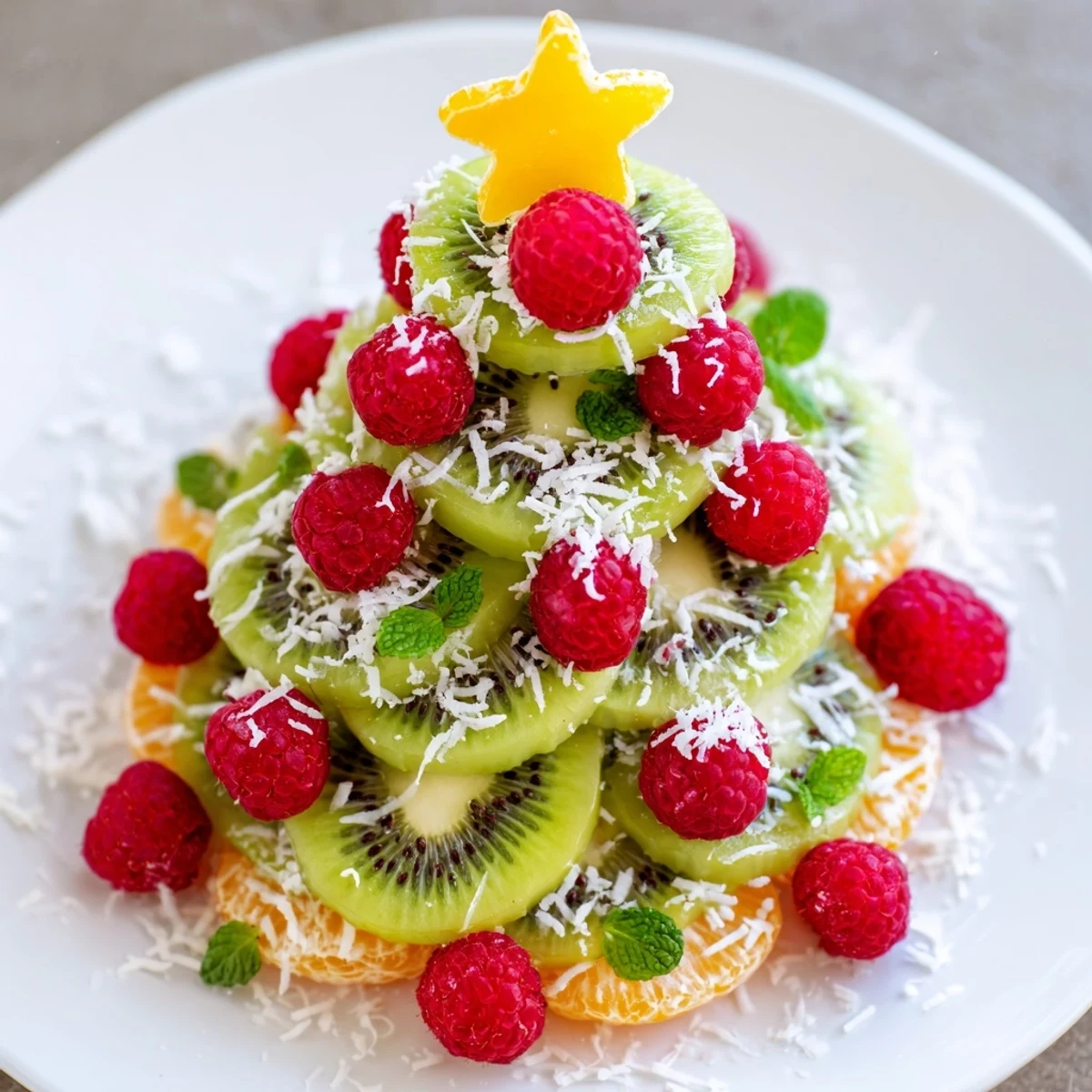 A vibrant Kiwi and Raspberry Christmas Tree Fruit Plate, perfect for a healthy holiday appetizer.