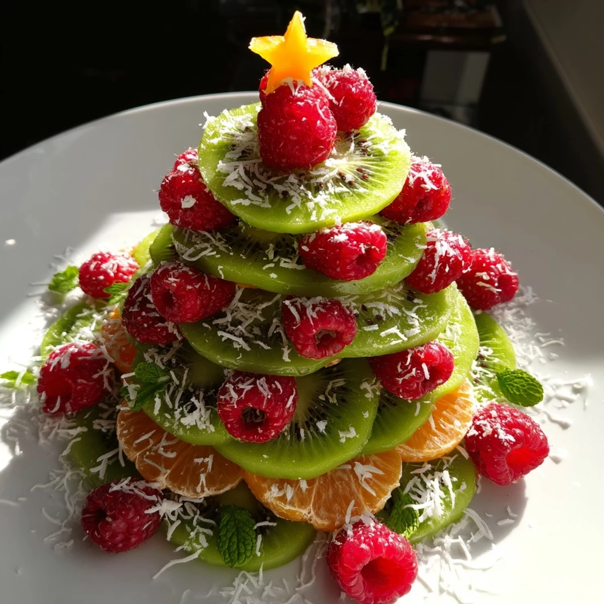 Bright red raspberries and green kiwi create a festive Kiwi and Raspberry Christmas Tree Fruit Plate.