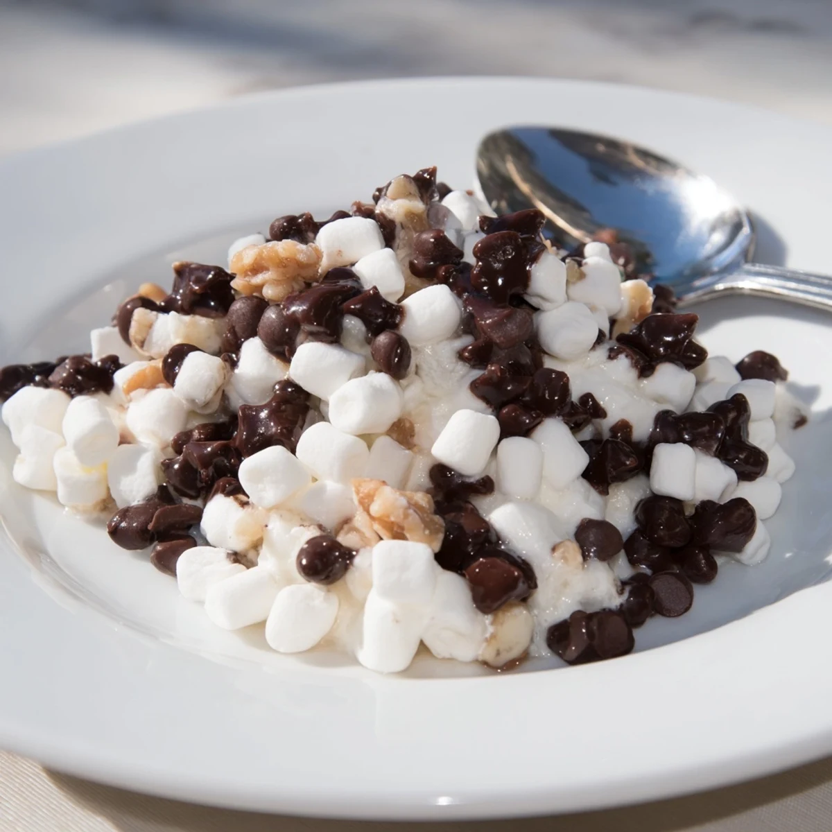 Quick Dessert: Chocolate Chips and Mini Marshmallows Heap—a warm, gooey treat, perfect for satisfying a sweet craving.
