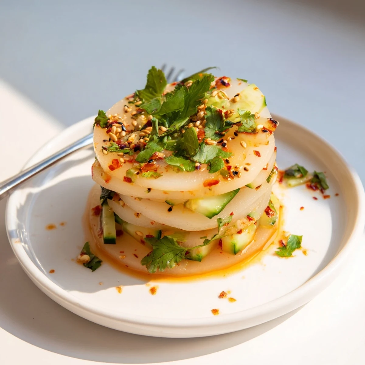 Bright, colorful Jicama and Cucumber Slice Stack, a refreshing vegan appetizer perfect for summer gatherings.