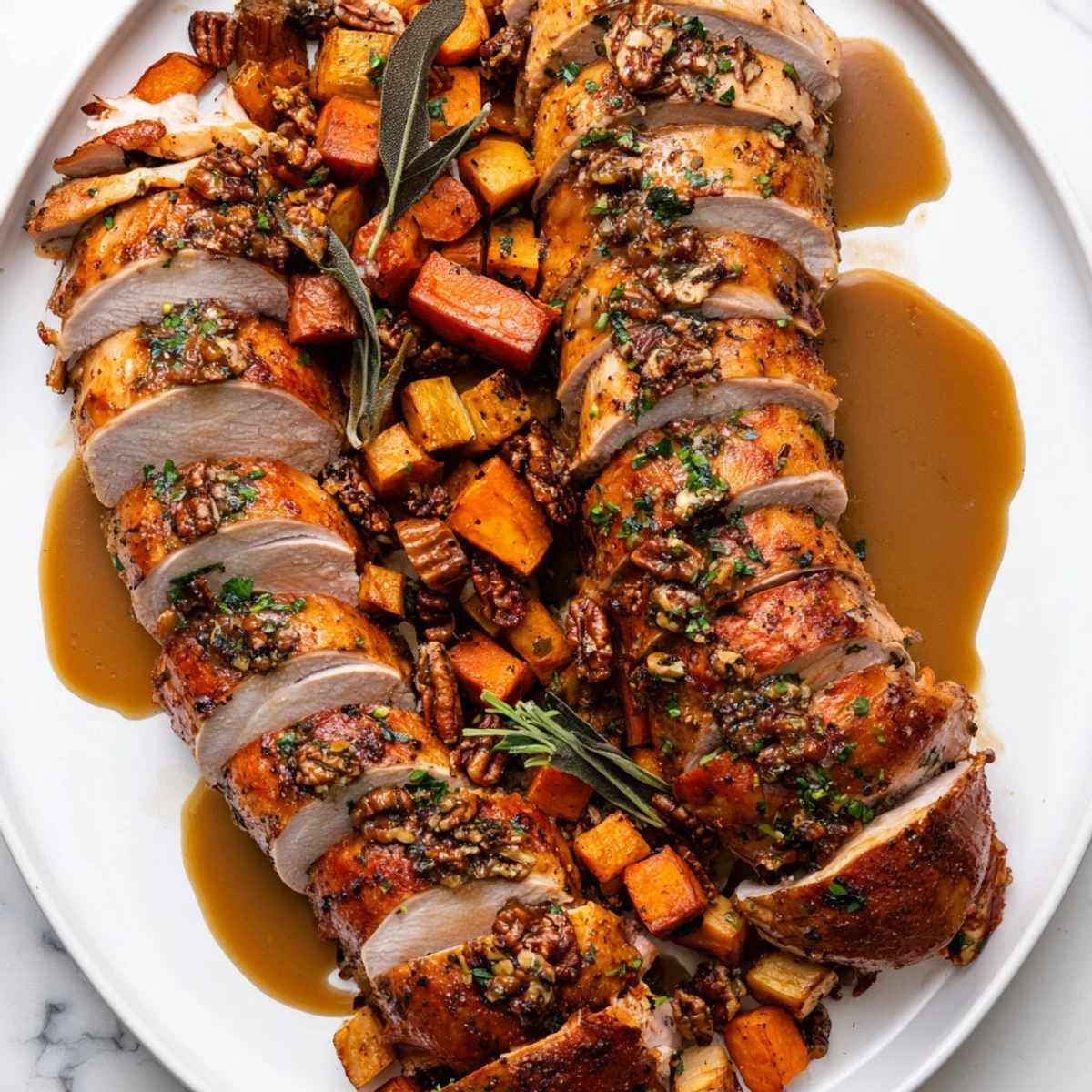 Golden-brown Chains of the Mayflower Thanksgiving main course, with roasted root vegetables and turkey.