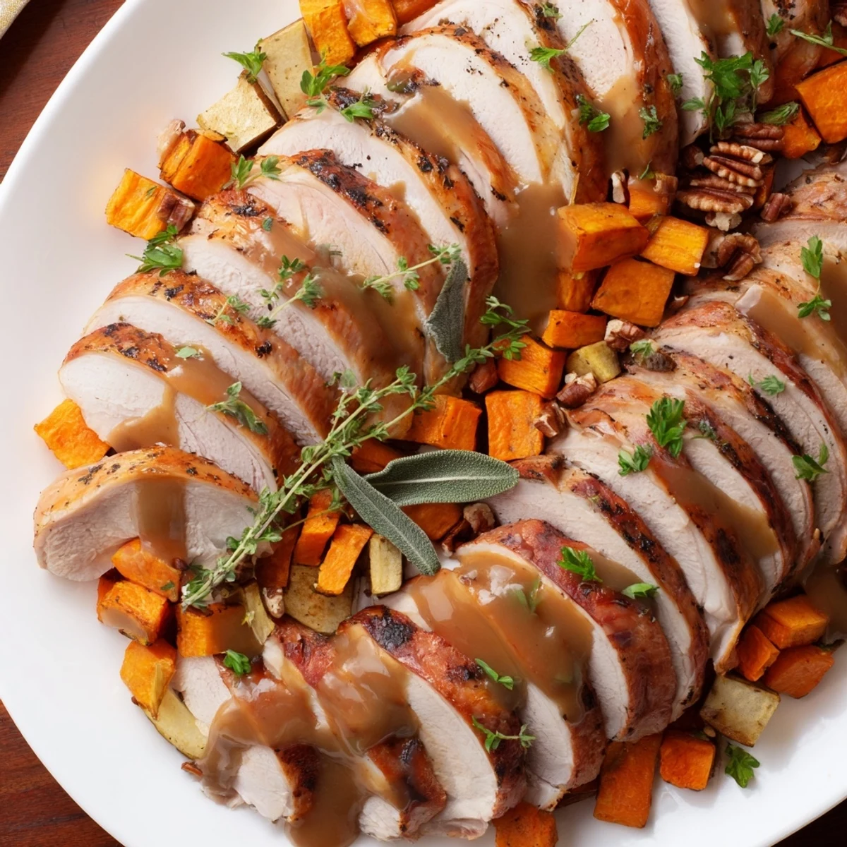 Beautifully arranged Chains of the Mayflower, featuring sliced turkey, gravy, and vibrant roasted vegetables.