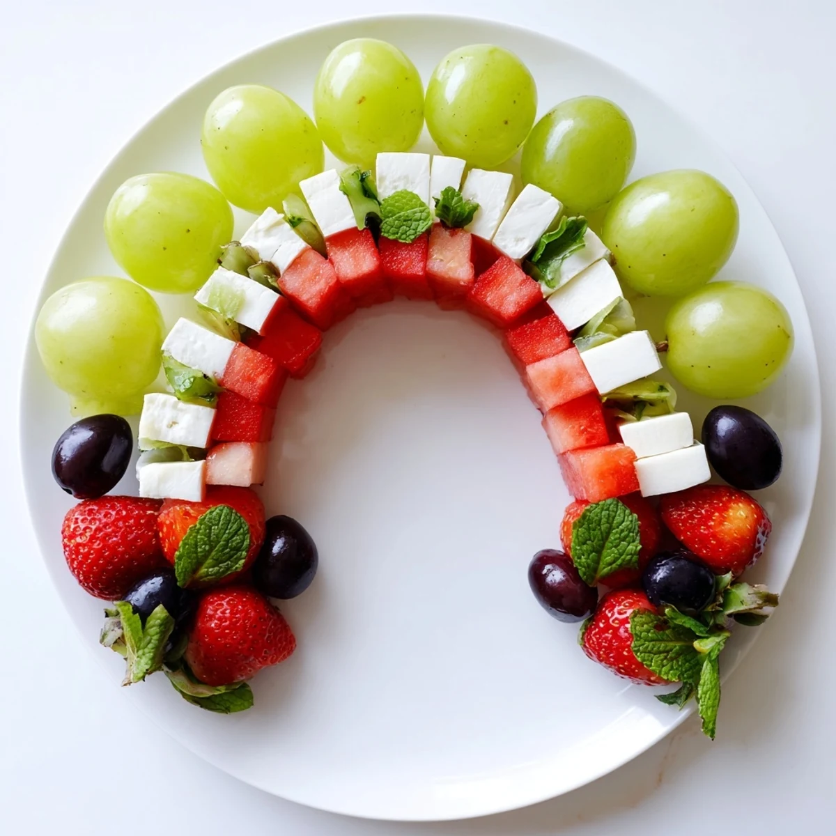 Vibrant summer watermelon slice platter: sweet watermelon cubes, creamy cheese, and green grapes arranged beautifully.
