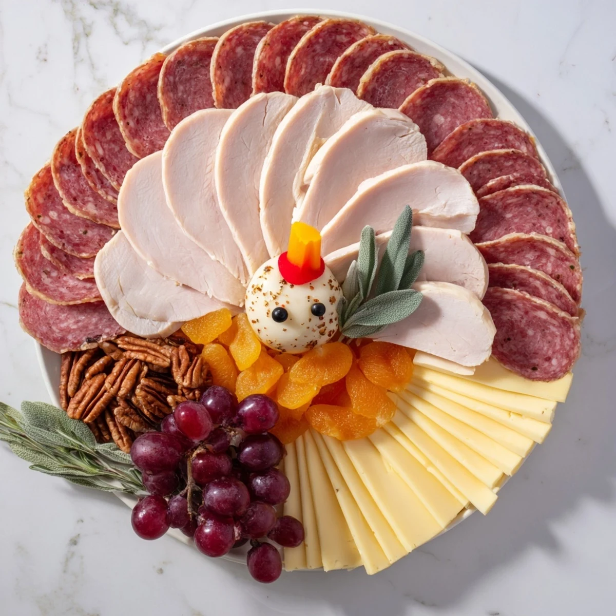 This visually striking turkey tail charcuterie board features colorful meats, crackers, and fruits for holiday entertaining.