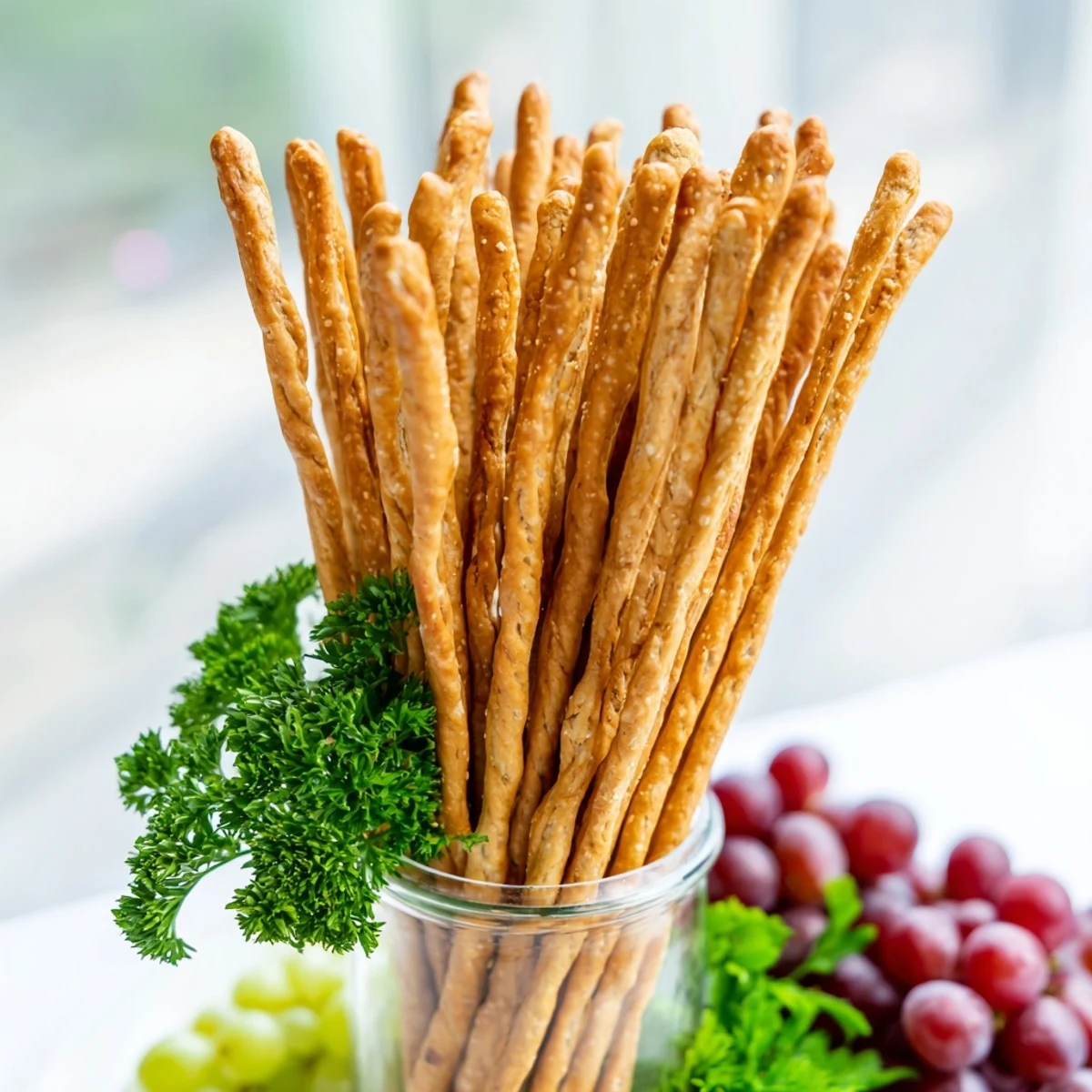 The Vertical Forest appetizer presents upright breadsticks, grapes, and parsley for a stunning visual.