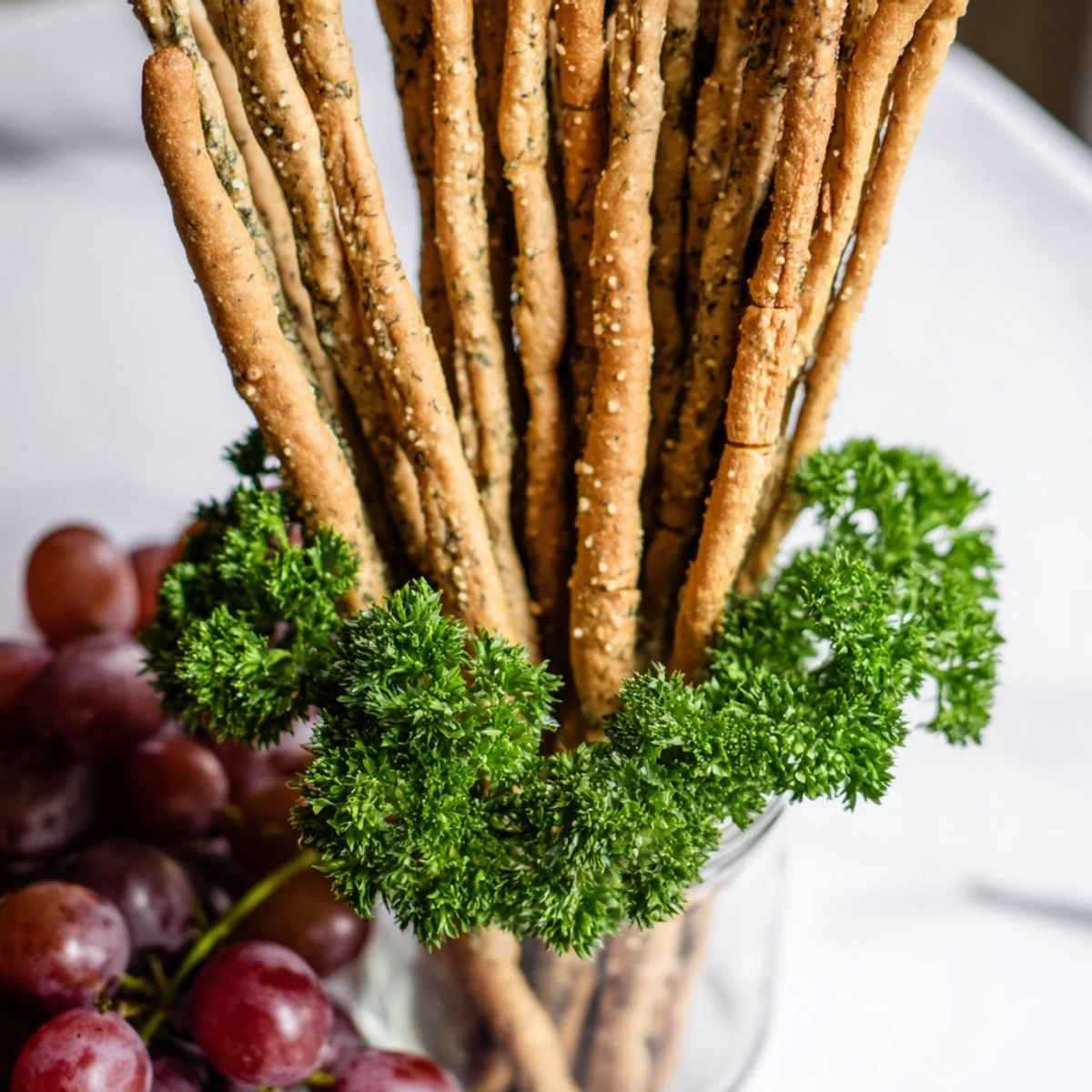 Appetizing The Vertical Forest: Tall breadsticks create a fun landscape with grapes and parsley.