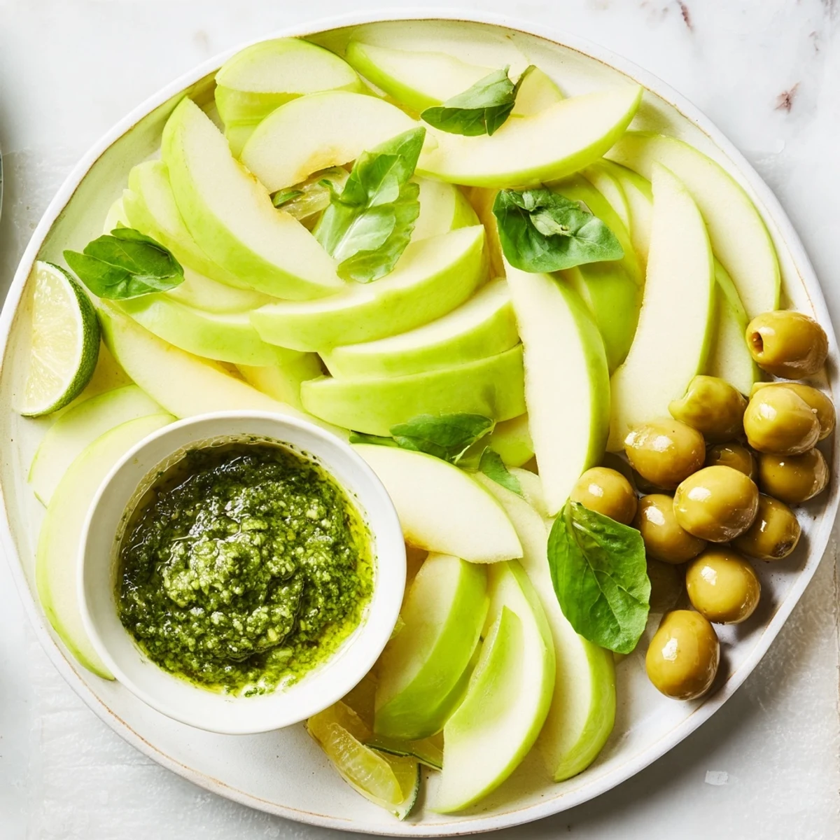 An Emerald City snack board overflowing with green apples, olives, and pesto for delightful appetizers.
