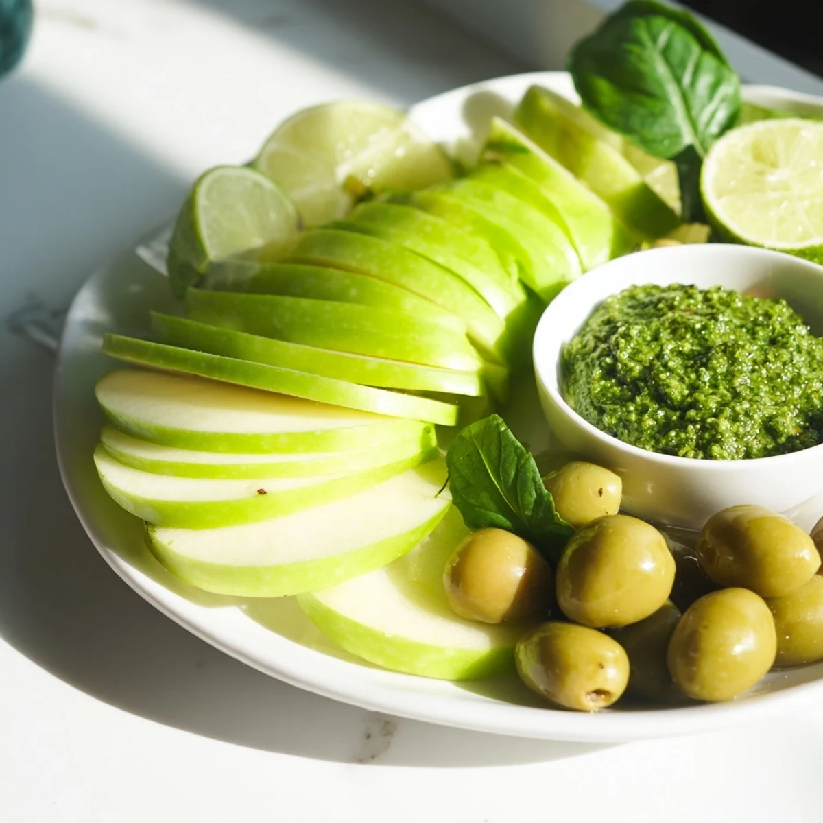 Vibrant The Emerald City appetizer platter: crispy green apples, lime, and pesto offer a burst of fresh flavors.