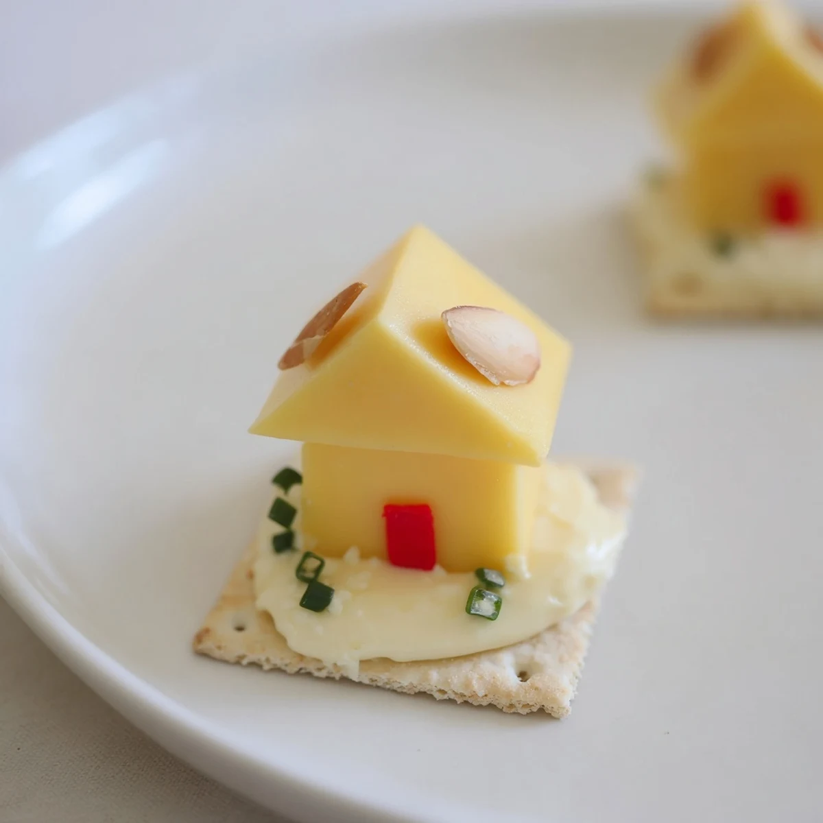 A charming Alpine Village: miniature cheese houses with almond roofs on snowy crackers, ready to eat.