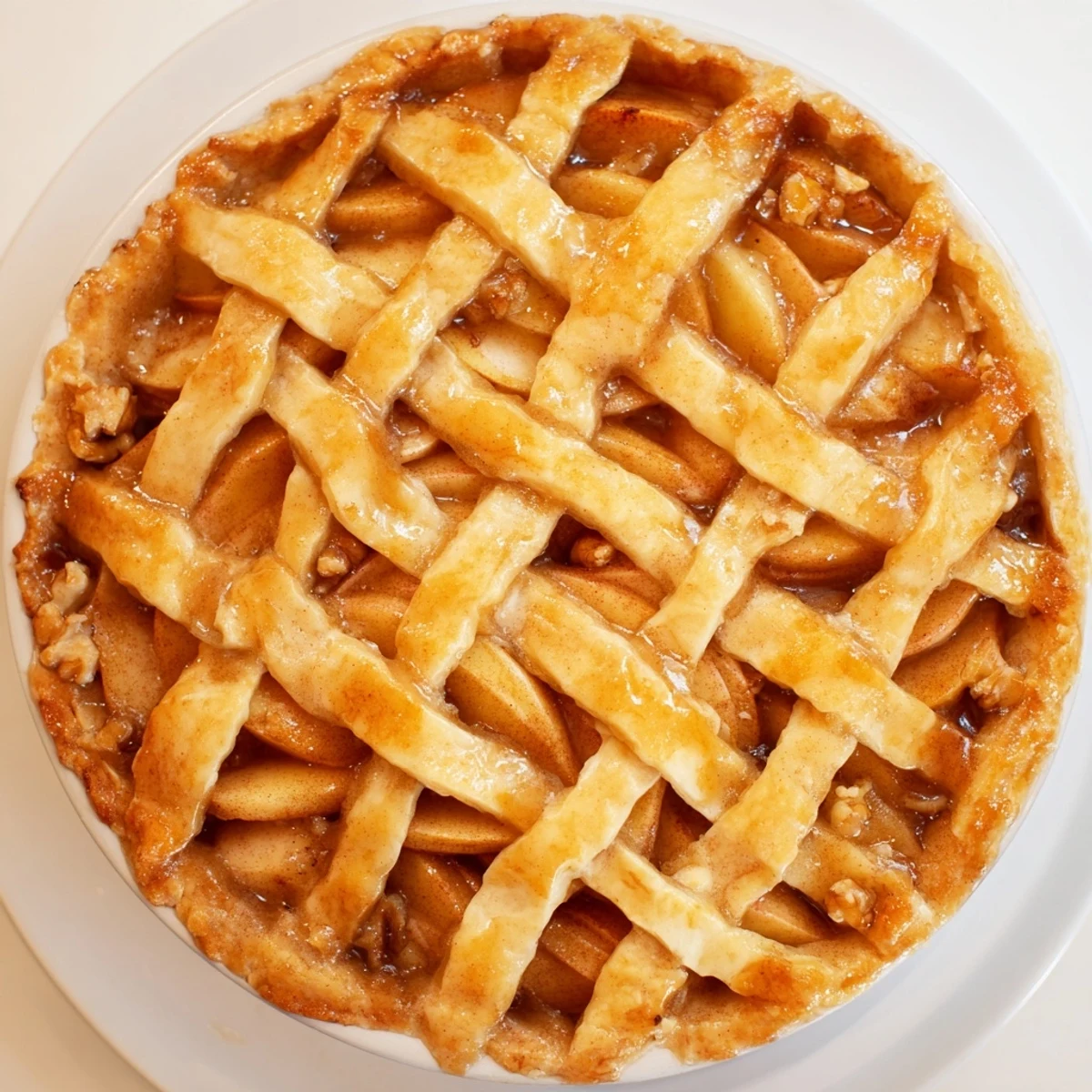 Golden The Lattice Orchard dessert, featuring a woven apple lattice atop a sweet walnut filling, so inviting.