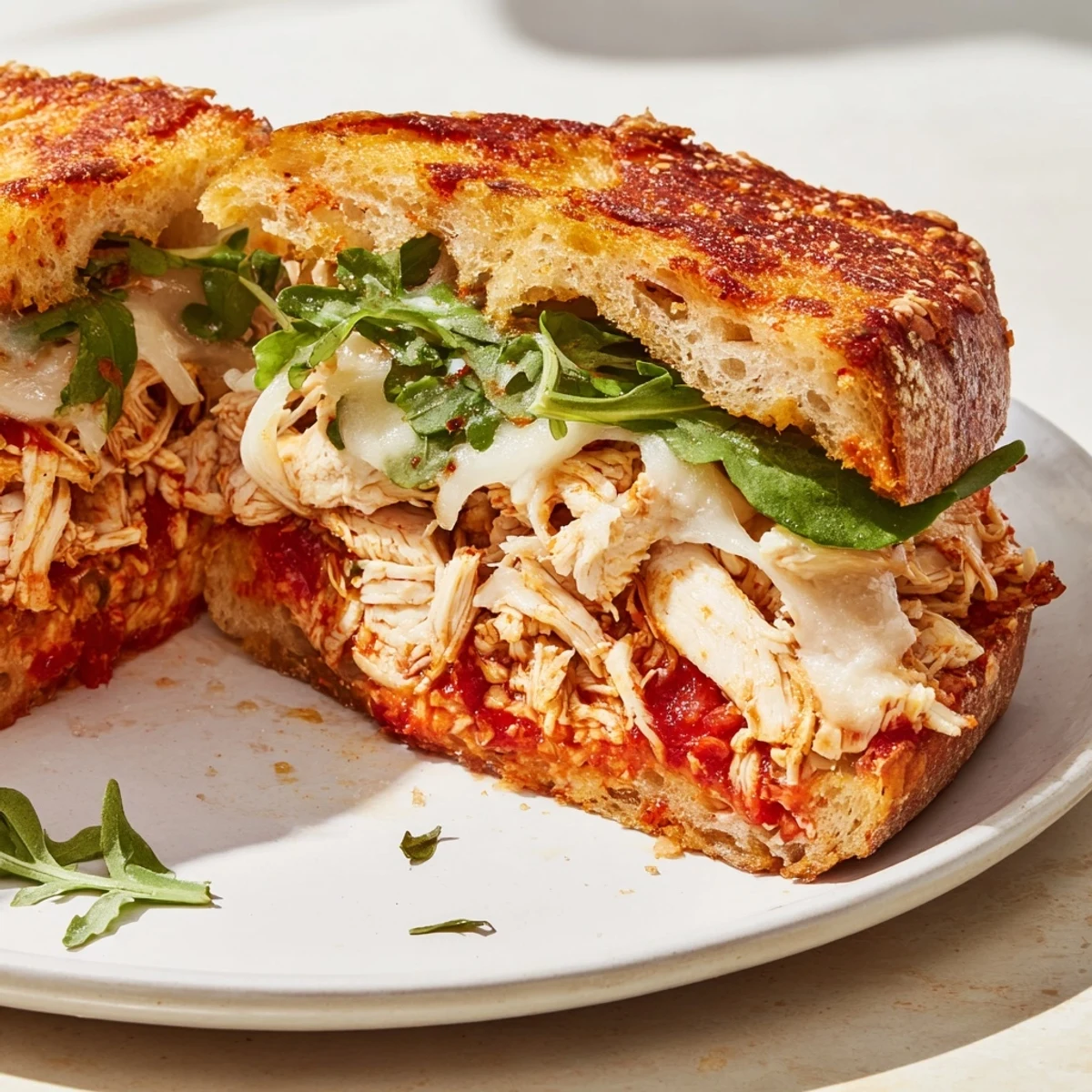 Enjoy a delicious bite of a flavorful Leftover Pizza Chicken Sandwich loaded with chicken and melted cheese.