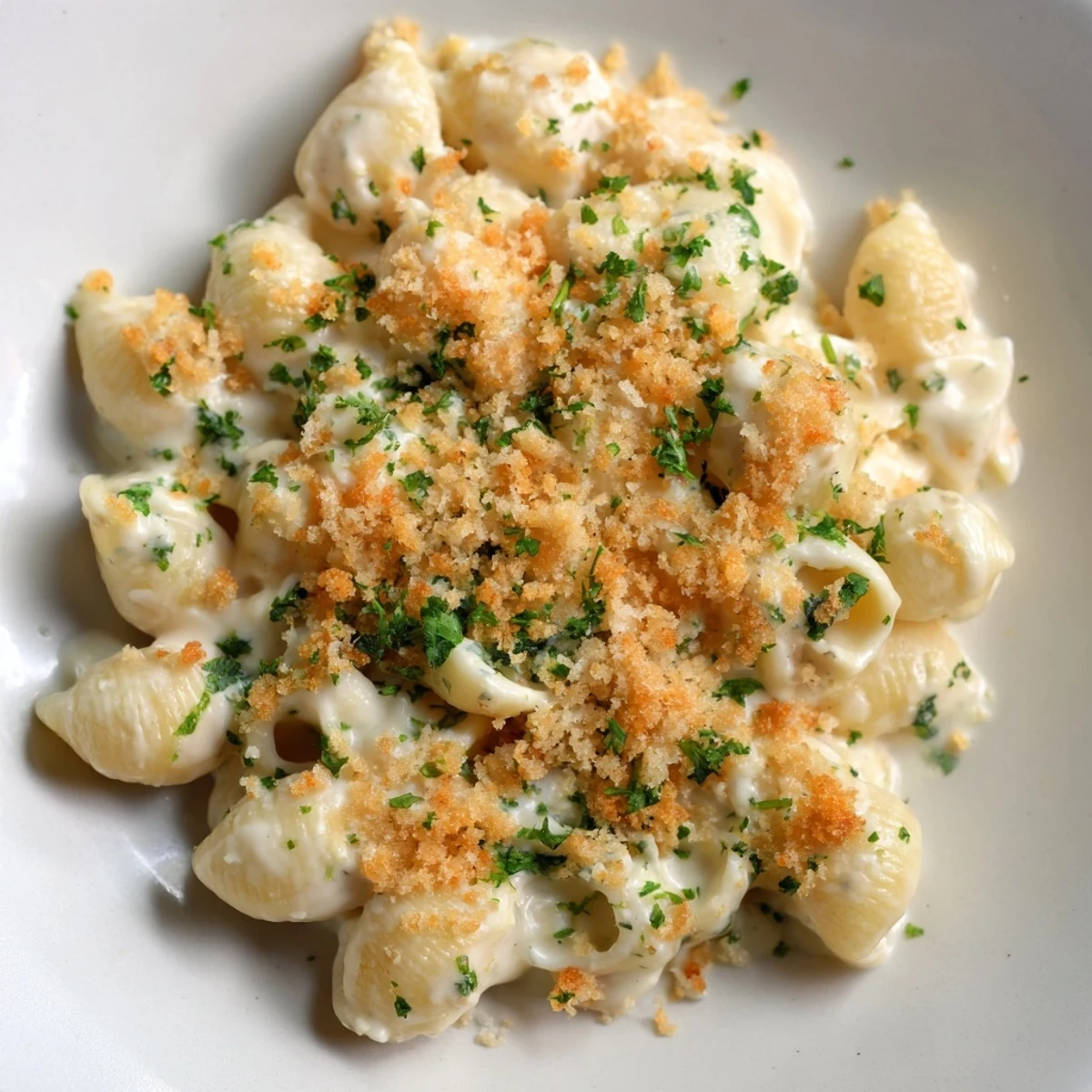 A close-up of a bowl of Cottage Cheese Mac and Cheese, topped with fresh herbs and golden breadcrumbs.