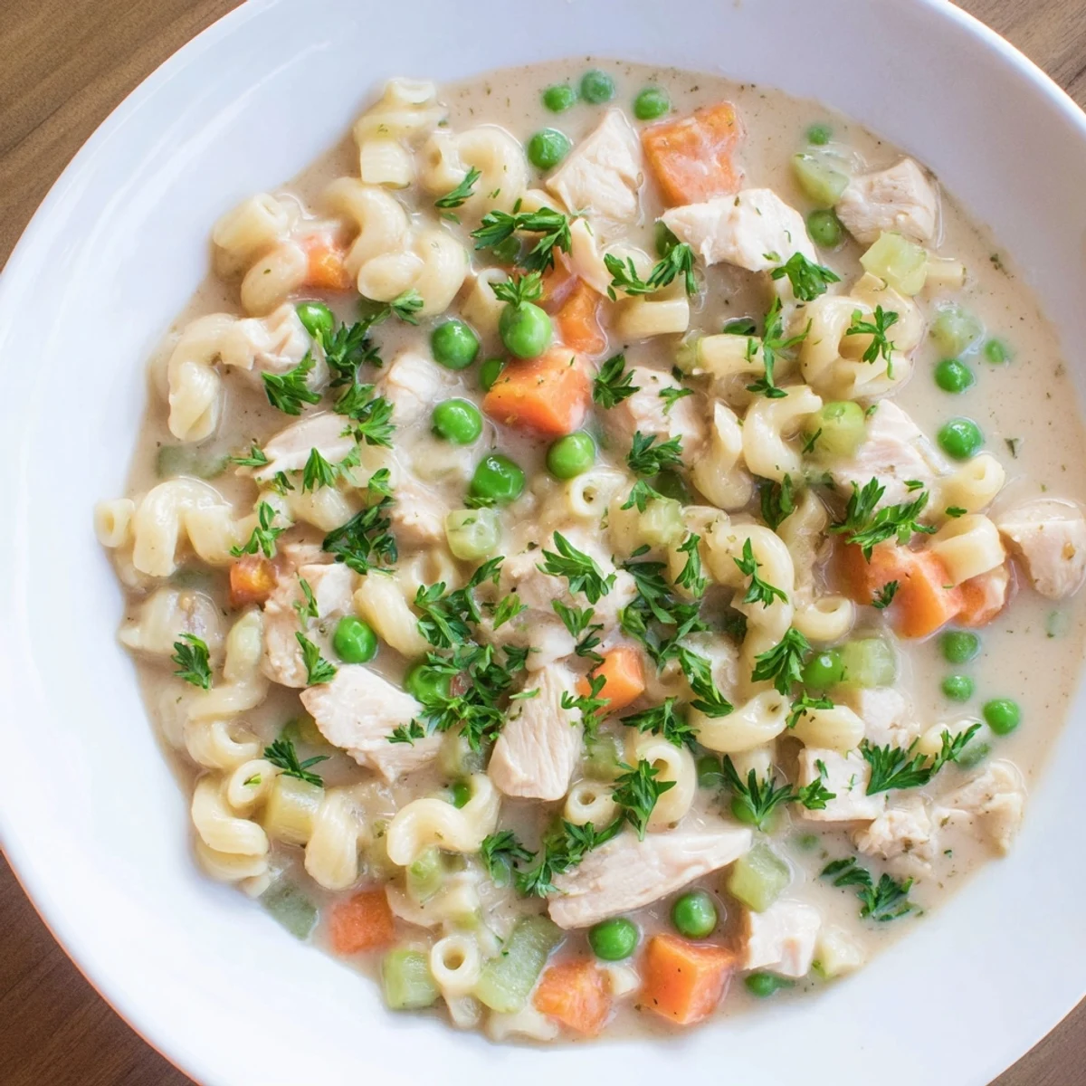 Creamy Chicken Pot Pie Pasta Soup, a comforting bowl of pasta, chicken, and vegetables, ready to eat.