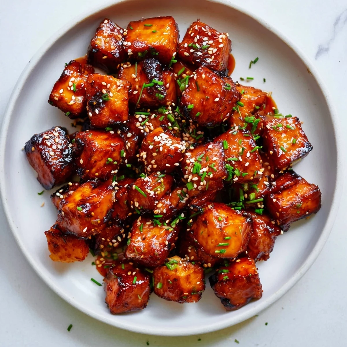 Golden-brown Air Fryer Turkey/Chicken Bites, a sweet-savory appetizer, ready to serve on a platter.