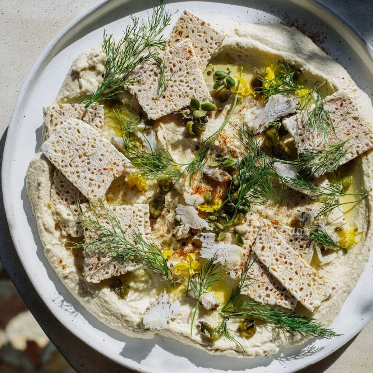 The Driftwood Beach appetizer with flaked fish, creamy hummus, and rustic crackers, a flavorful beach scene.