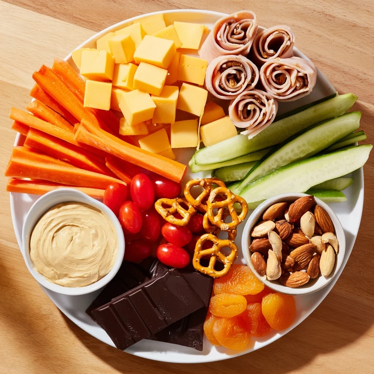 Enjoy a tempting Renard Rusé Snack Assortment, with sweet apricots and dark chocolate alongside savory cheese and pretzels.
