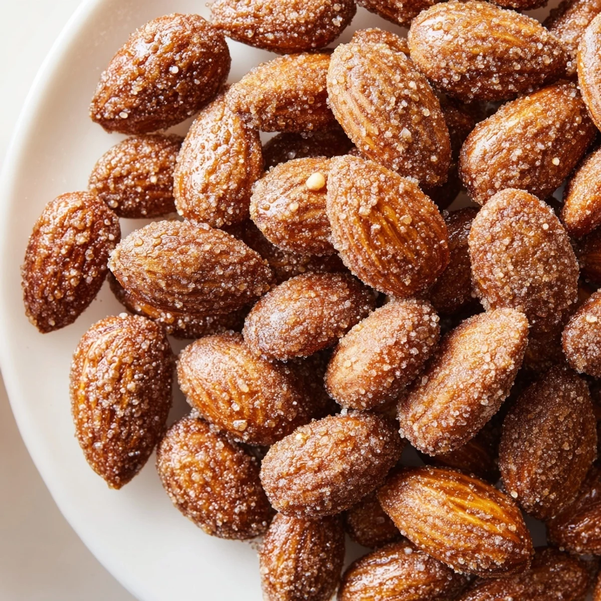 A delicious close-up of the finished cinnamon roasted almonds, hinting at a satisfying, crunchy bite.