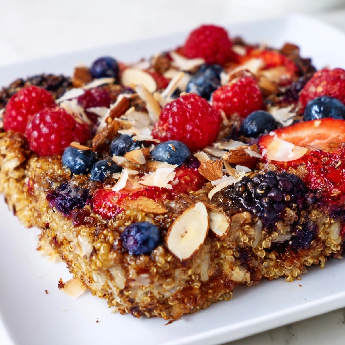 Steaming-hot Berry Quinoa Breakfast Bake with vibrant berries atop golden, baked quinoa, ready to serve.