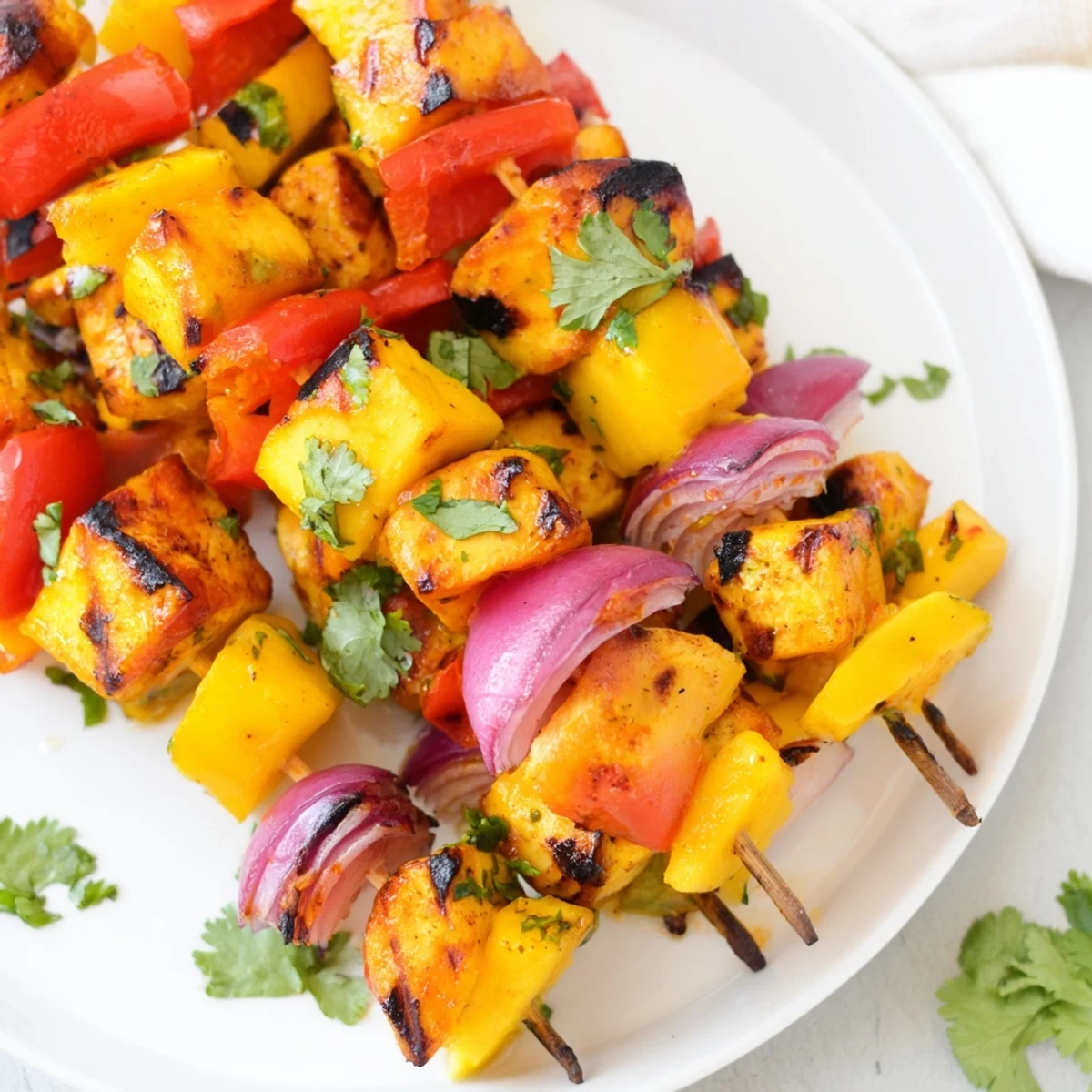 Grilled mango lime chicken skewers with vibrant peppers, a flavorful and juicy summertime meal.
