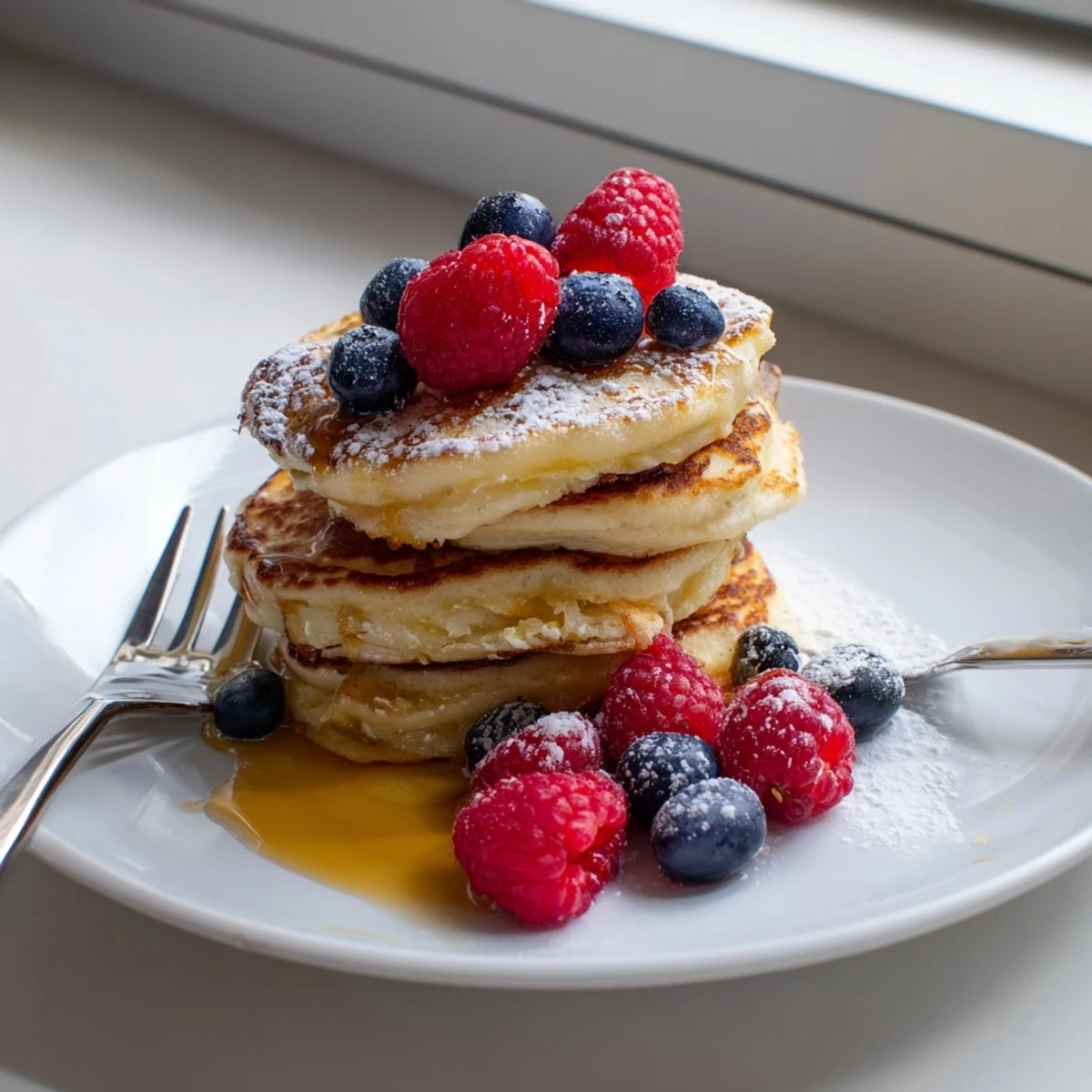 Fluffy Lemon Ricotta Pancakes golden-brown on a plate, ready to be drizzled with syrup.