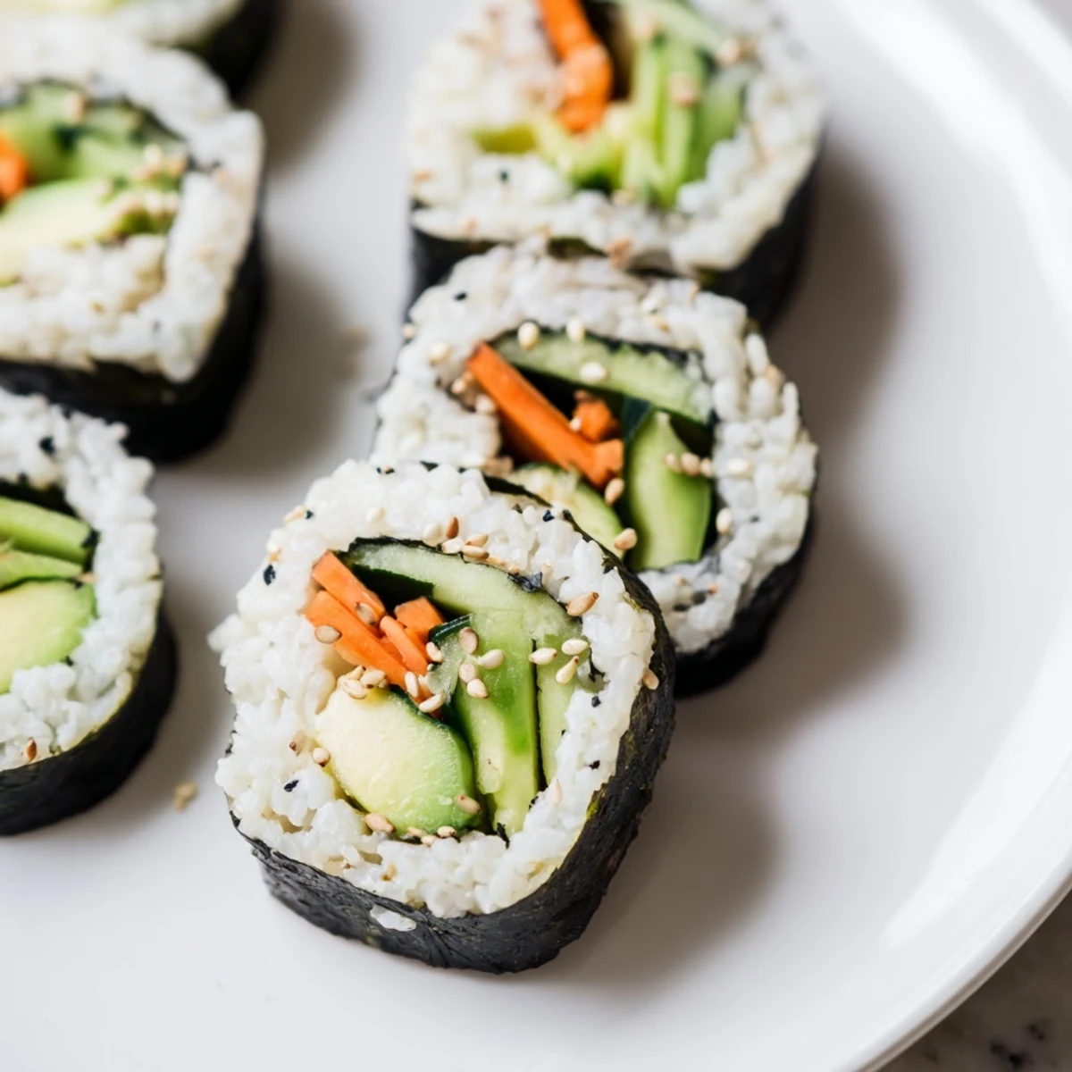 Vibrant avocado cucumber sushi, showcasing the creamy avocado and crispy cucumber atop sushi rice.