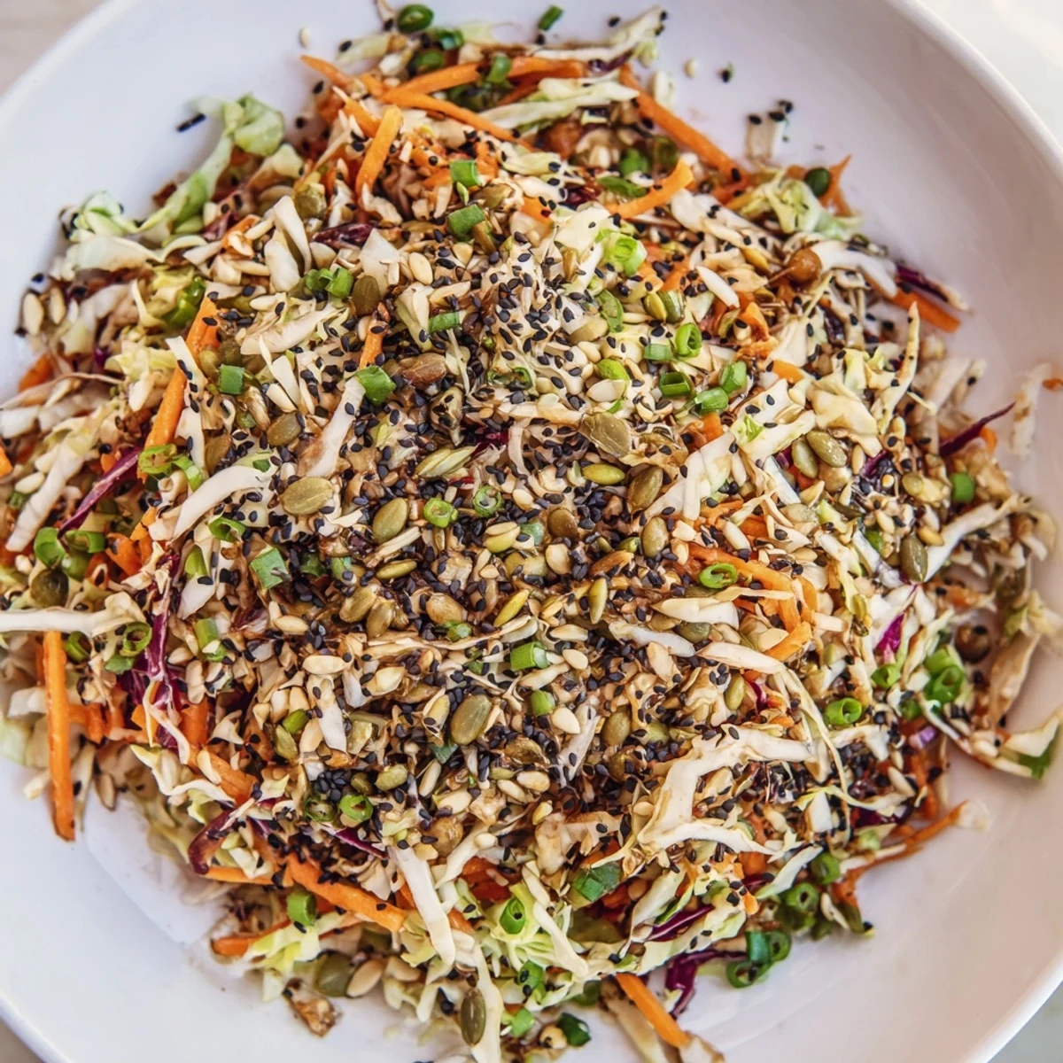Close-up of the delicious Cabbage-Core Slaw Salad, showcasing the fresh ingredients and nutty sesame dressing.