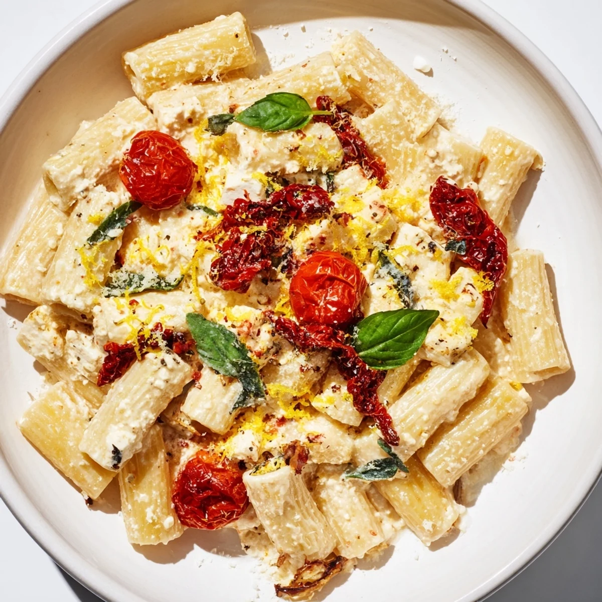 A close-up of vibrant Baked Feta Pasta, highlighting the creamy sauce and fresh basil on top.