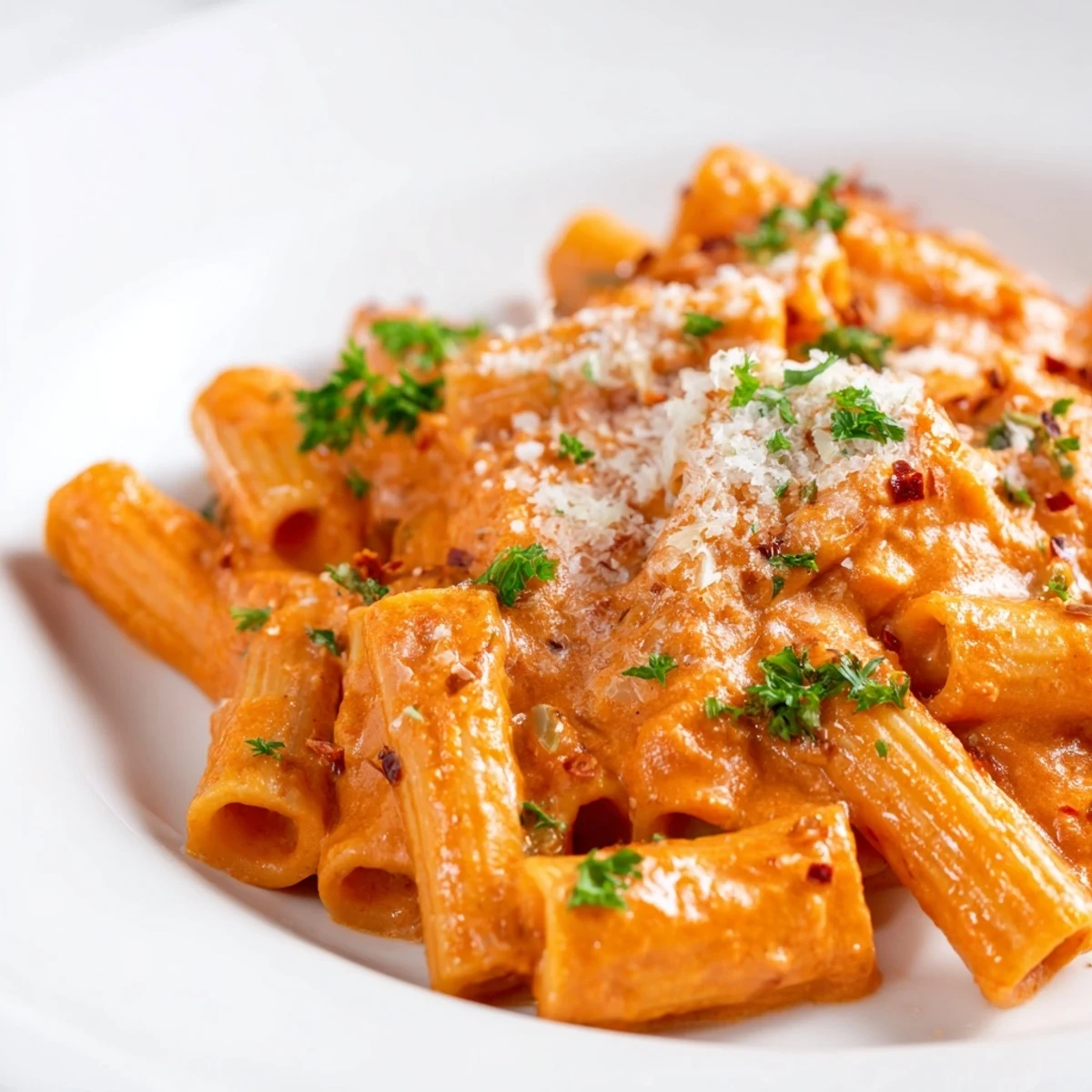 Creamy Gigi Hadid-Style Spicy Rigatoni, ready to serve with Parmesan and fresh parsley, smelling delicious.