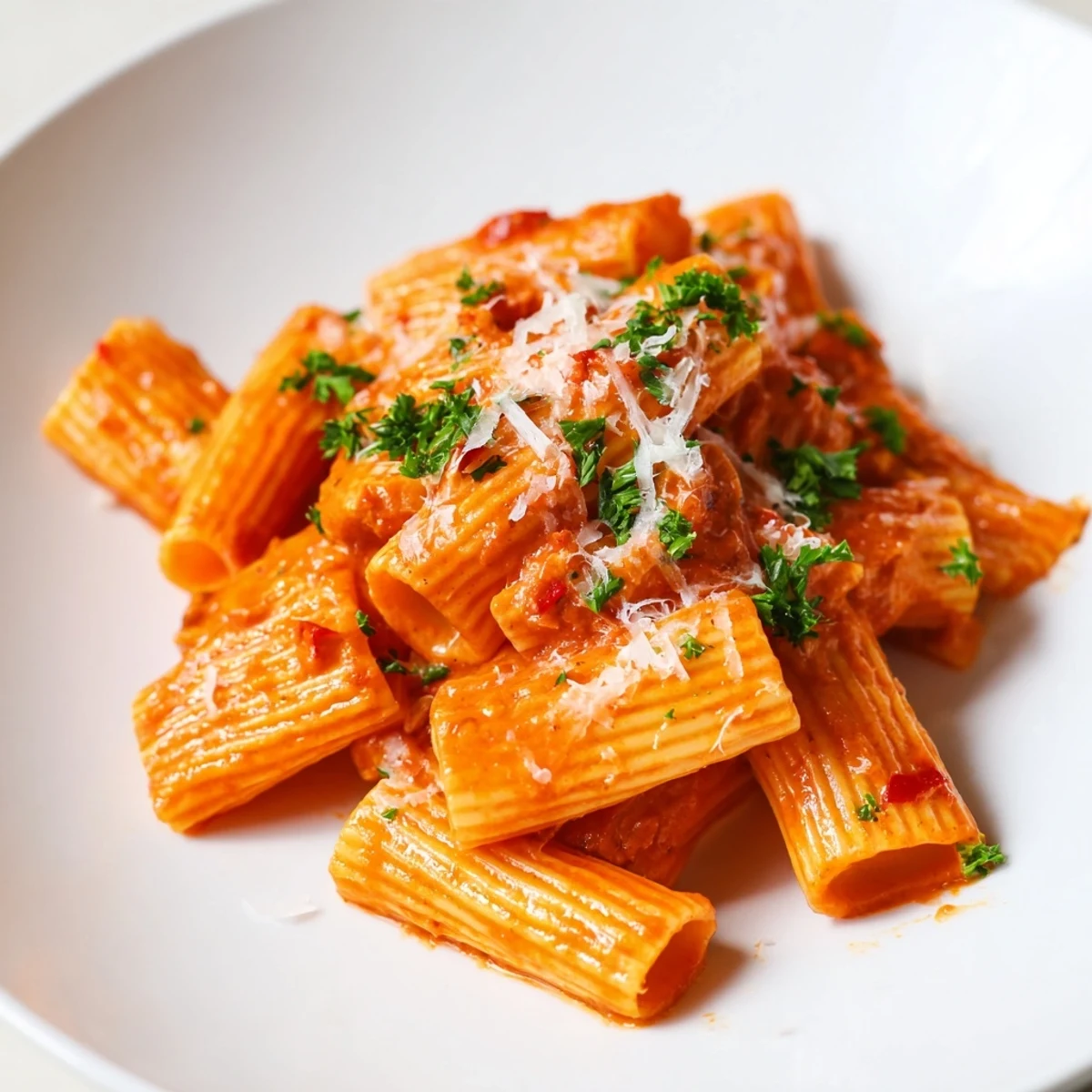 A steaming bowl of Gigi Hadid-Style Spicy Rigatoni, pasta coated in a vibrant, spicy tomato-vodka sauce.