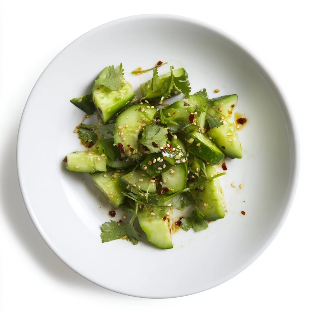 Freshly served Chinese Spicy Smashed Cucumber Salad, garnished with sesame seeds, offers a cool, spicy treat.