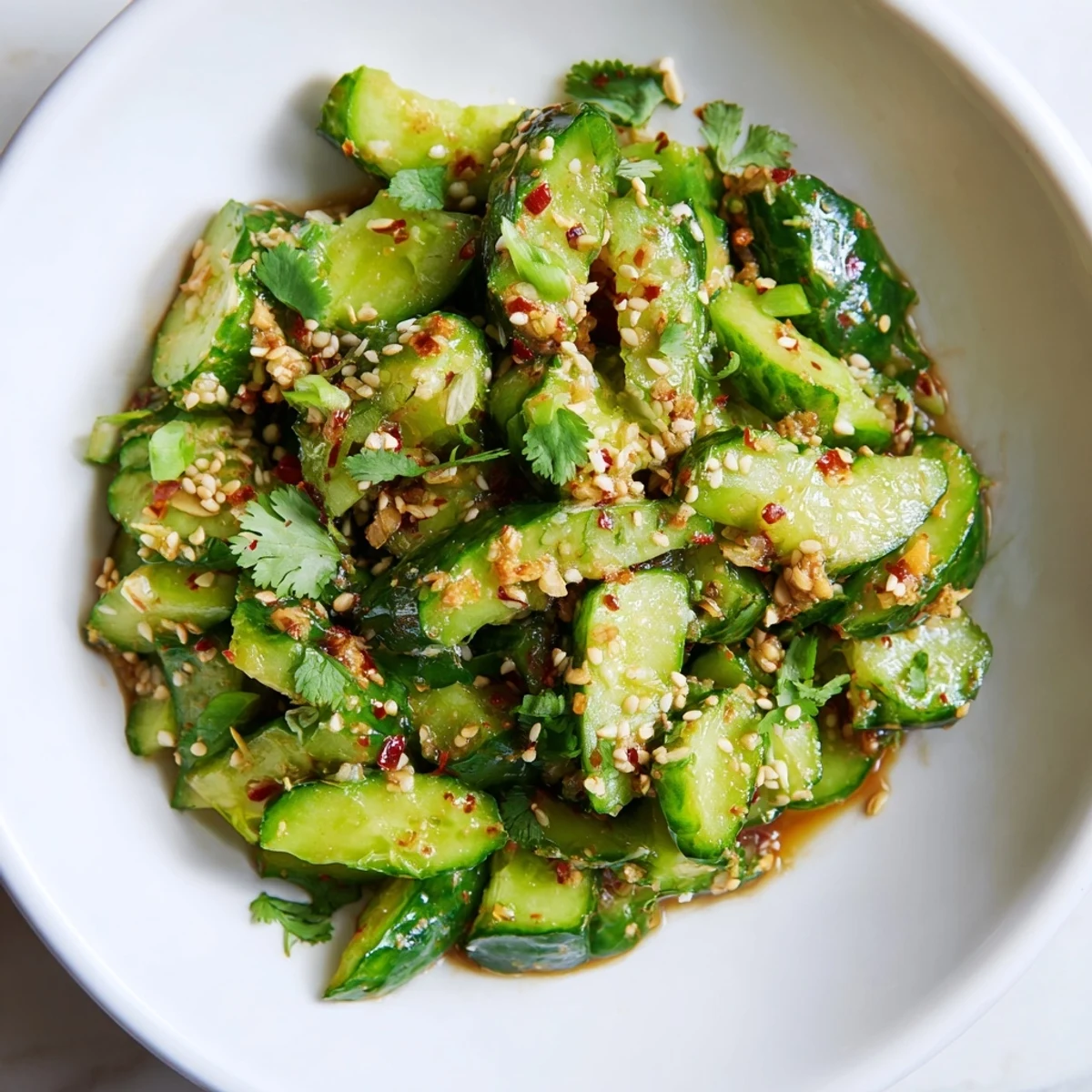 A vibrant bowl of Chinese Spicy Smashed Cucumber Salad with hints of red chili flakes and fresh green scallions.