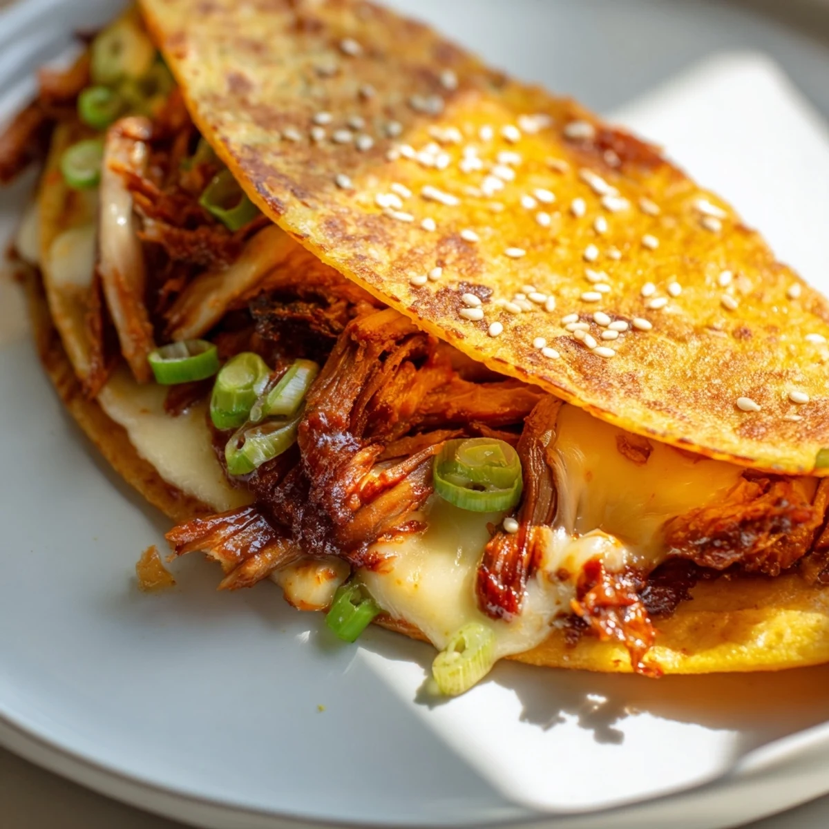 Golden-brown and melty Korean BBQ Chicken Wrap Grilled Cheese, bursting with savory flavors, served warm.