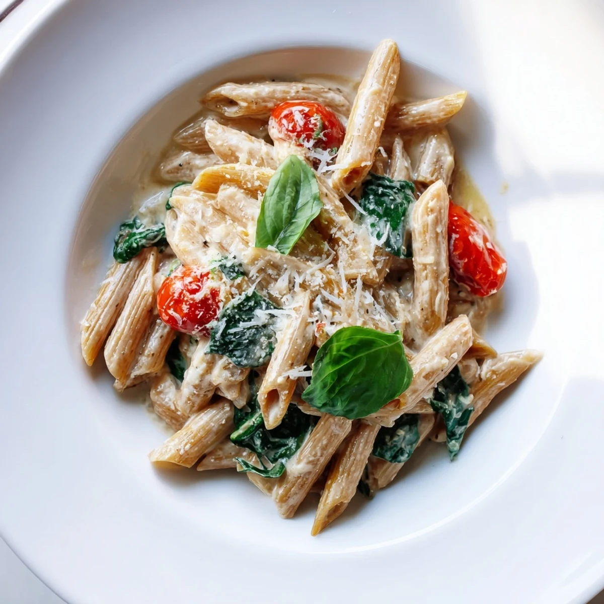 Close-up of the smooth Cottage Cheese High-Protein Creamy Pasta sauce, served with extra Parmesan and basil.