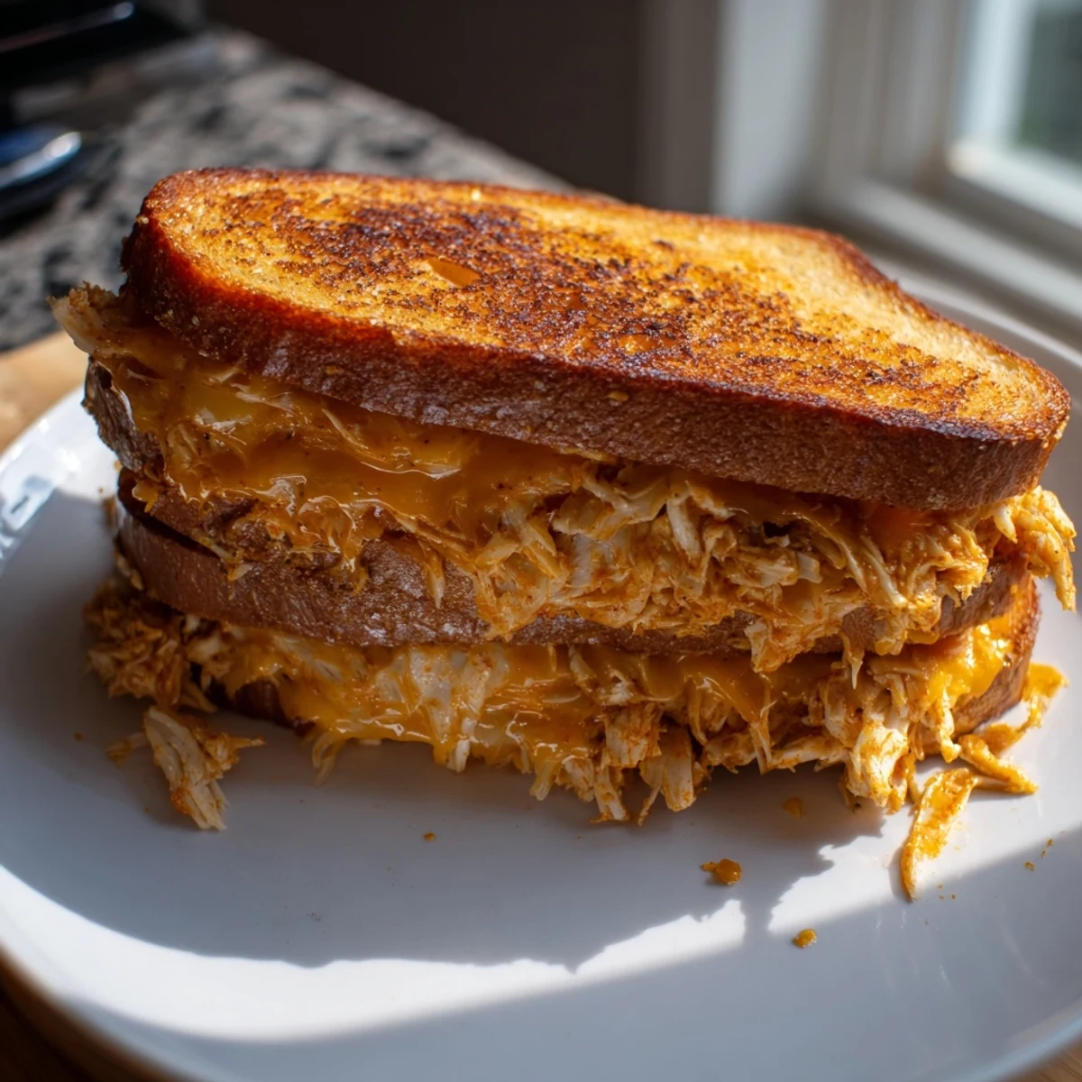 Golden, crispy Spicy Crispy Chicken Sandwich Grilled Cheese with melted cheese oozing out, delicious.