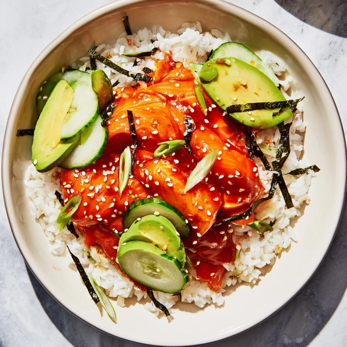 Fresh-looking Emily Mariko-Inspired Sticky Orange Gochujang Salmon Bowls, featuring tender salmon alongside rice and avocado.