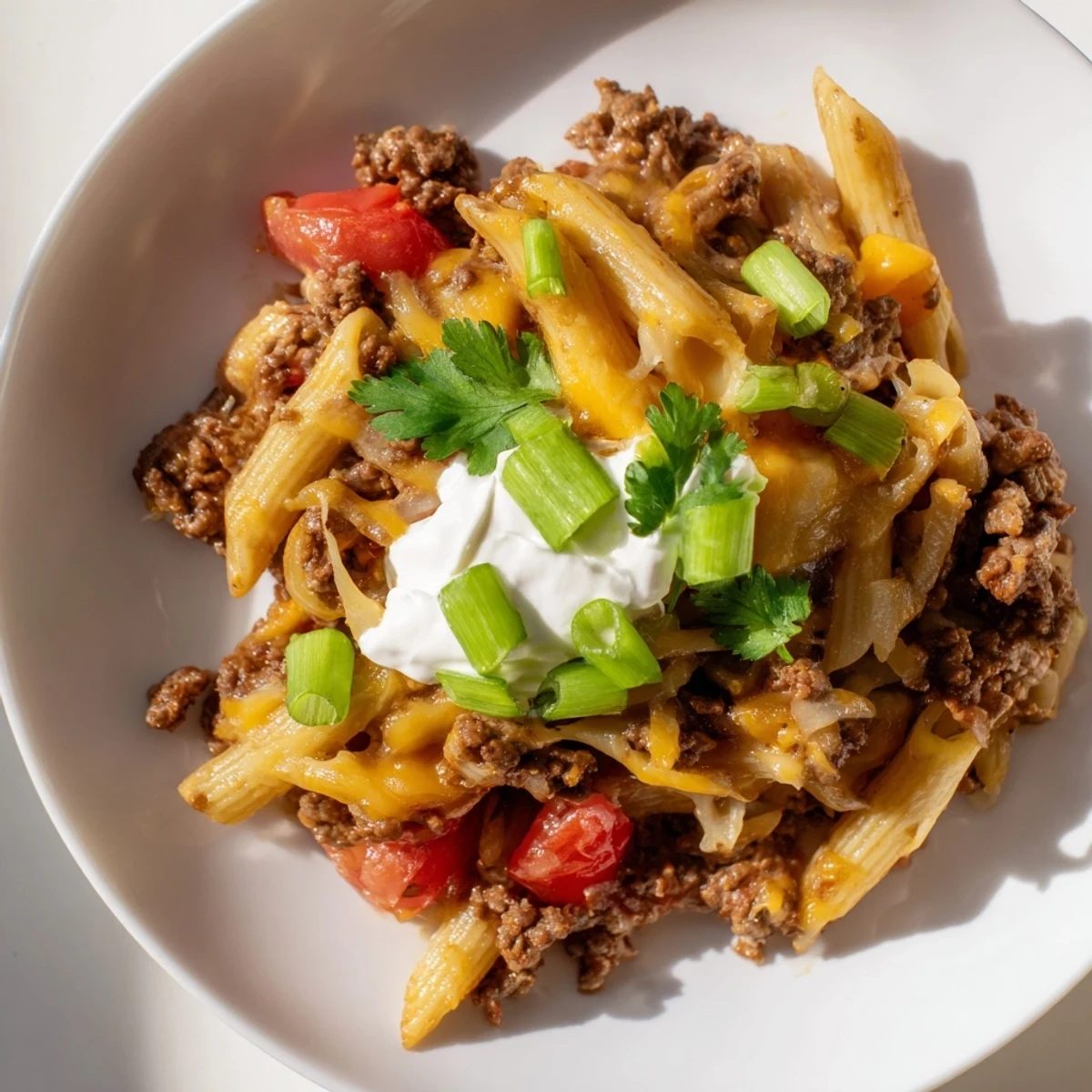 A close-up of bubbling one-pot taco pasta, showing perfectly melted cheese and tender pasta.